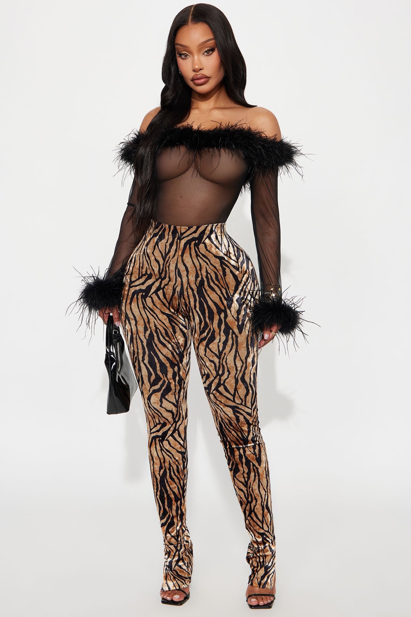 Lux Edition Feather Trim Off Shoulder Bodysuit - Black