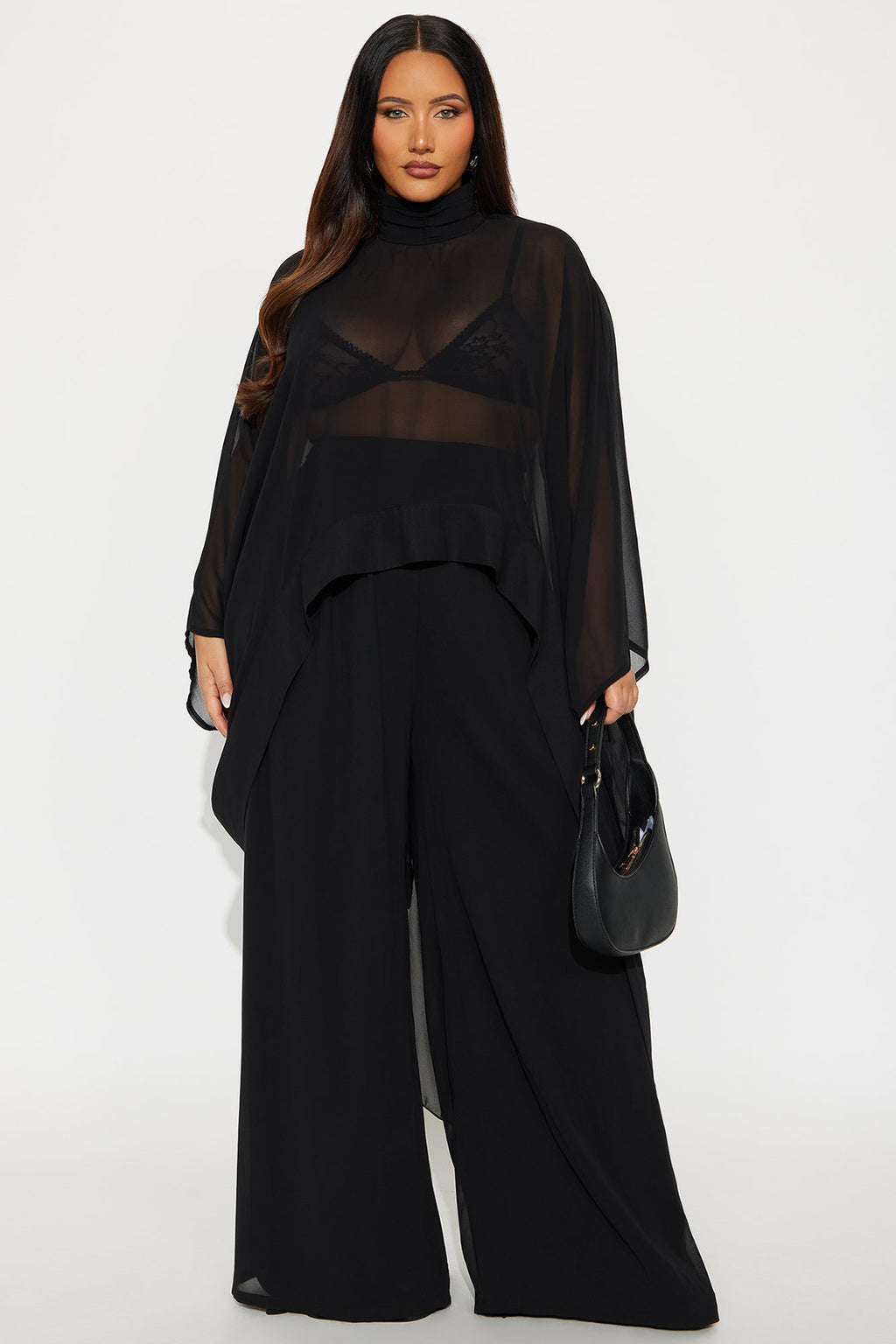 Sheer Moment Draped Pant Set - Black 