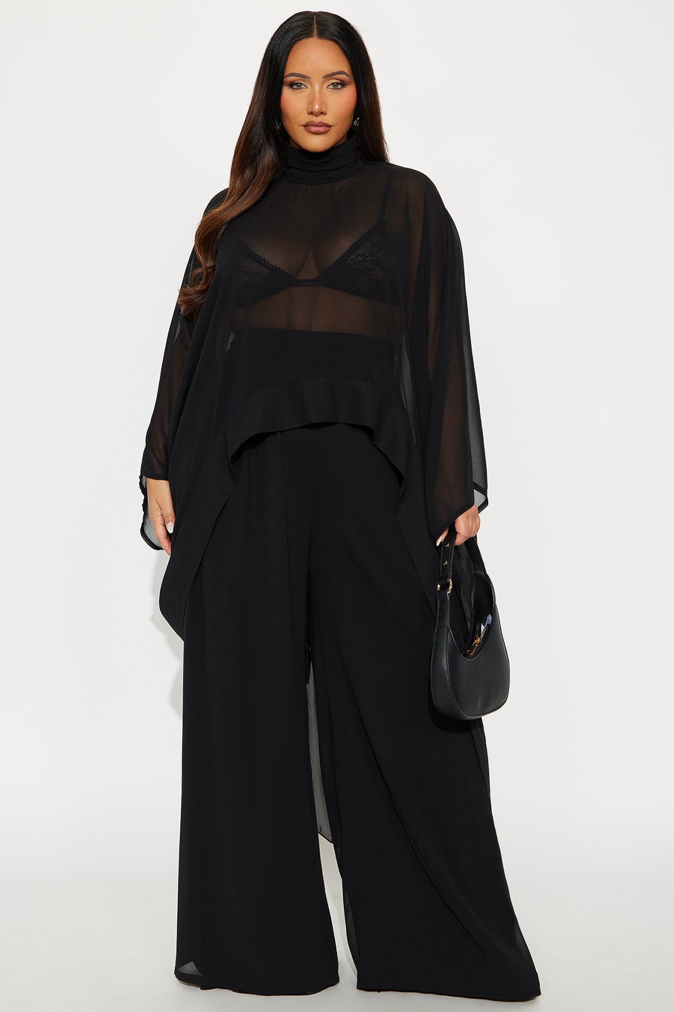 Sheer Moment Draped Pant Set - Black 
