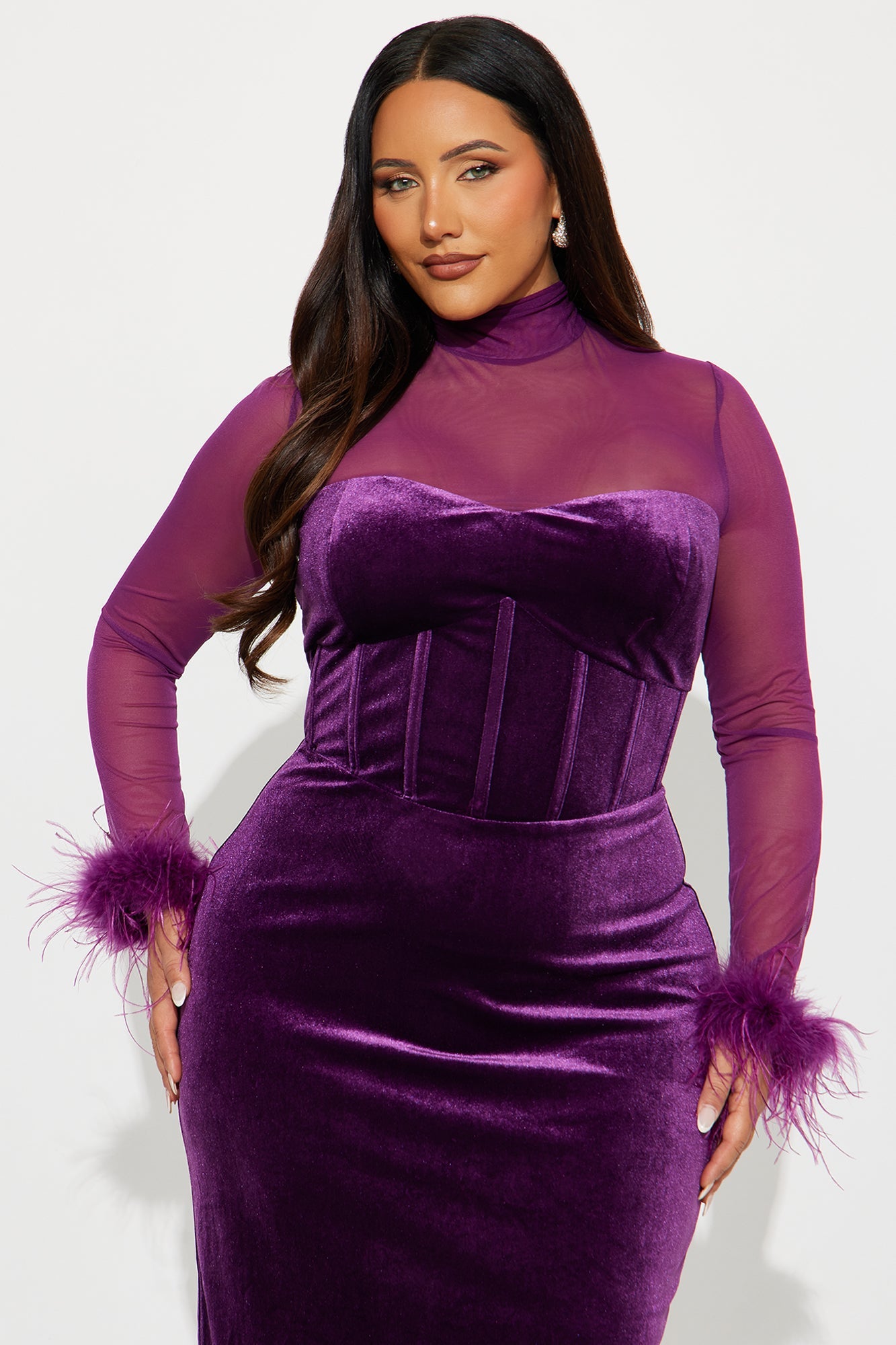 Dream Girl Fur Trim Velvet Midi Dress - Plum