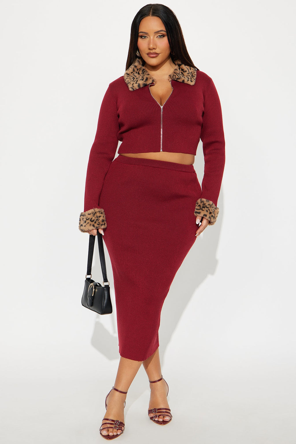 Haven Faux Fur Trim Ribbed Skirt Set - Wine 
