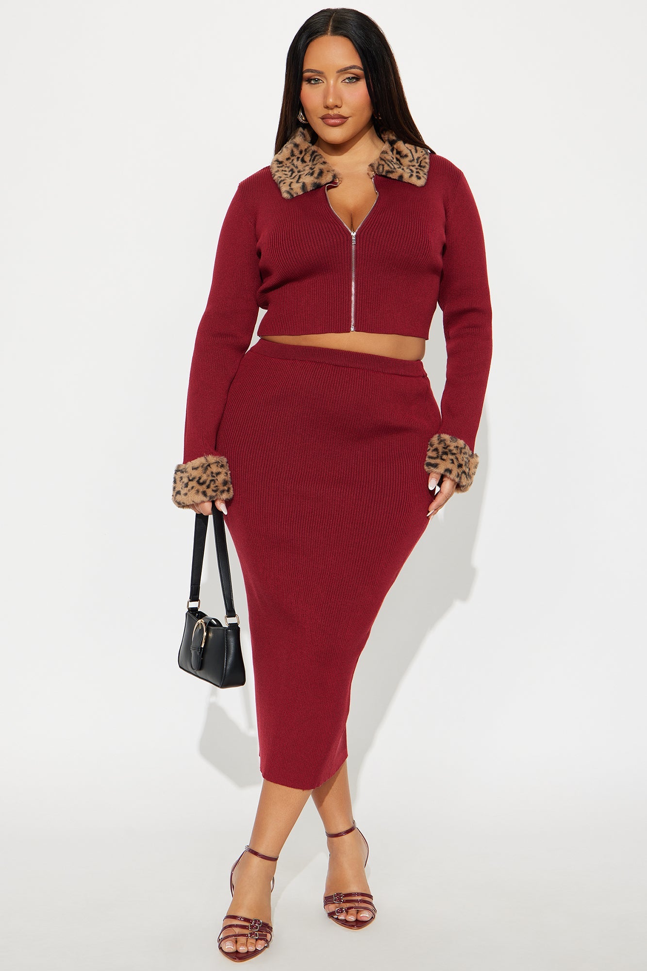 Haven Faux Fur Trim Ribbed Skirt Set - Wine 