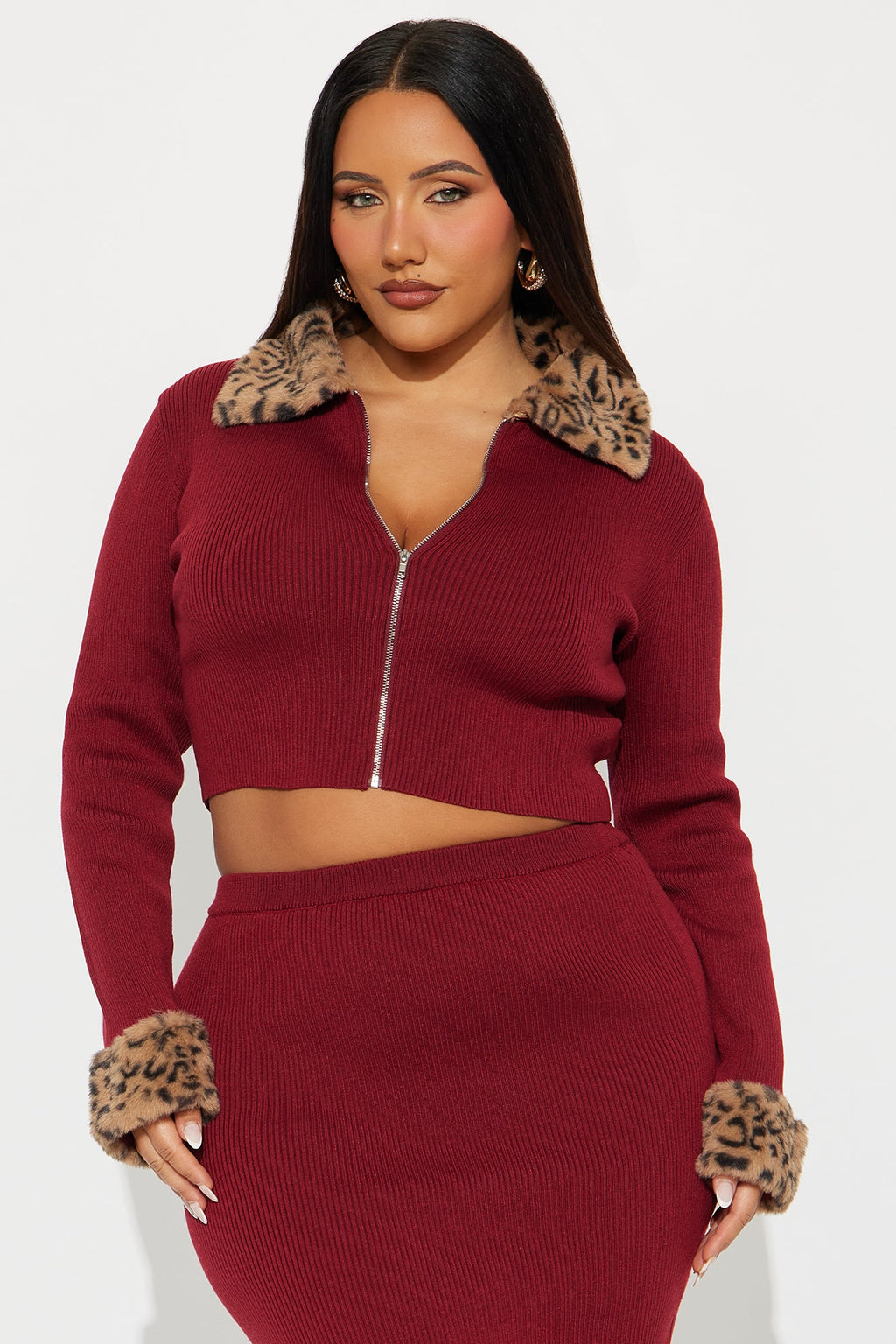 Haven Faux Fur Trim Ribbed Skirt Set - Wine 