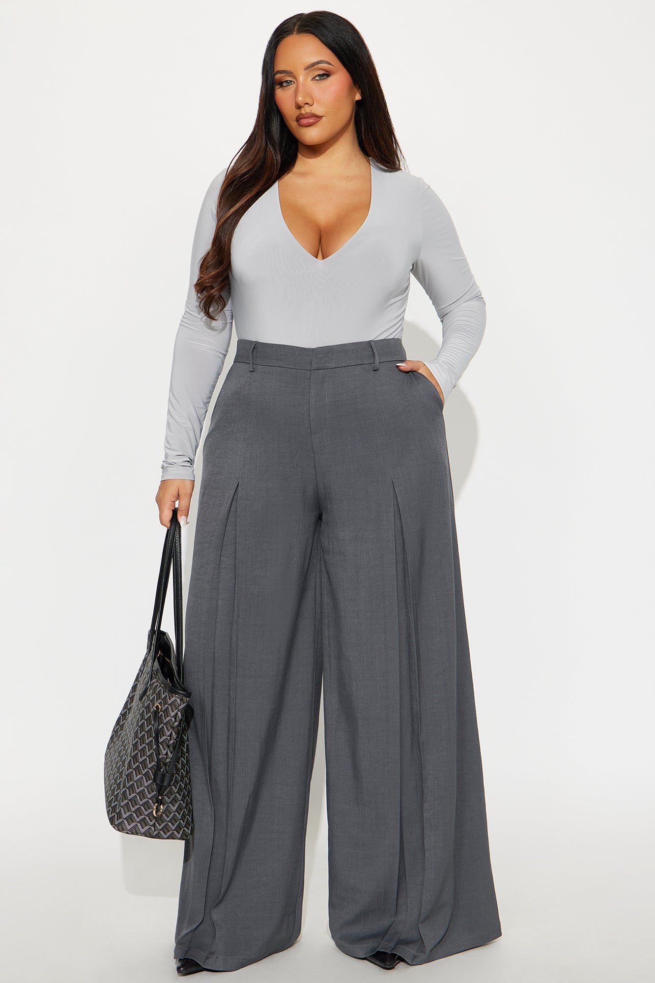 Karina Pleated Wide Leg Trouser Pant 33″ - Charcoal