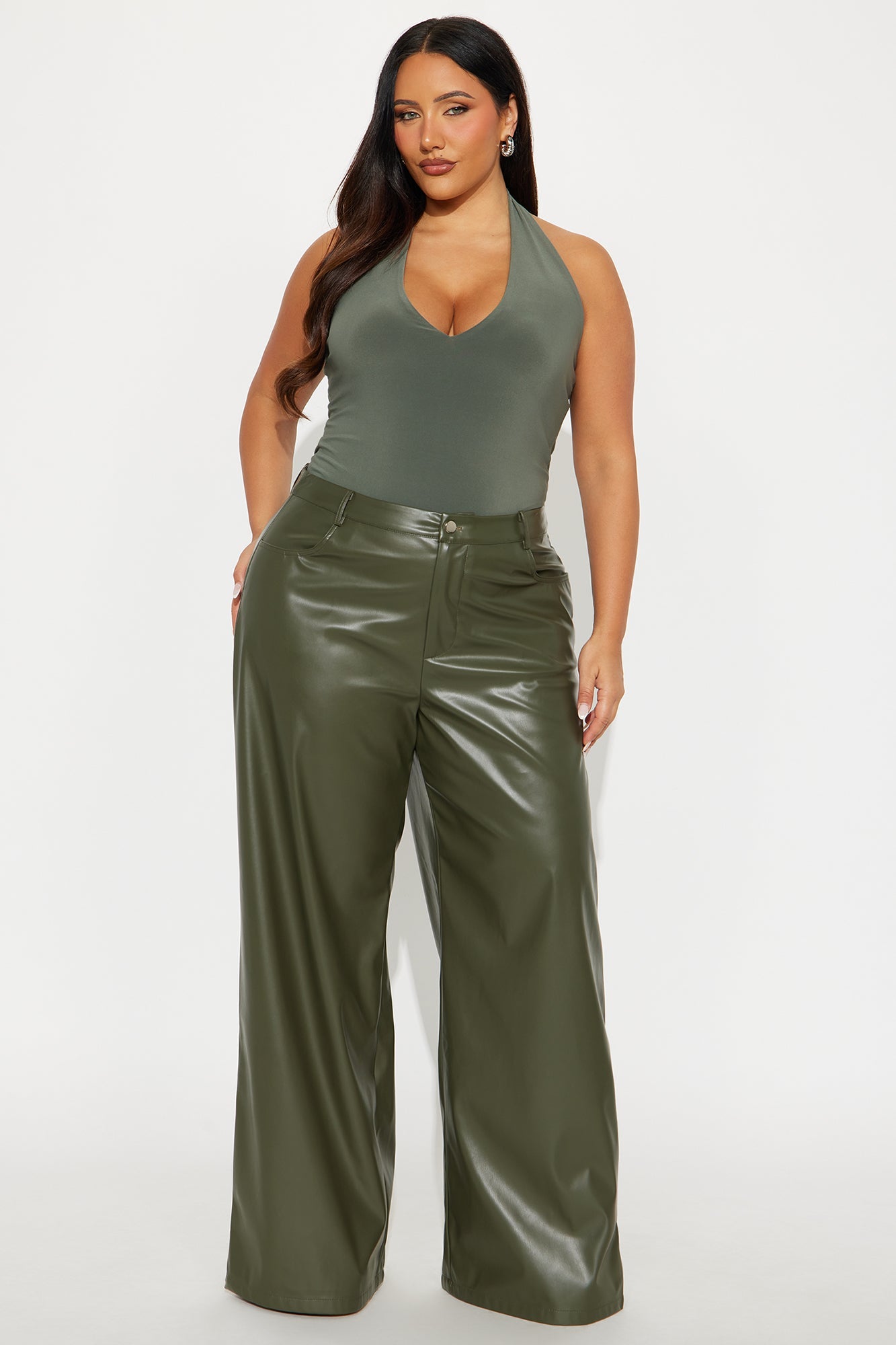Just For Now Faux Leather Wide Leg Pant 33 - Olive