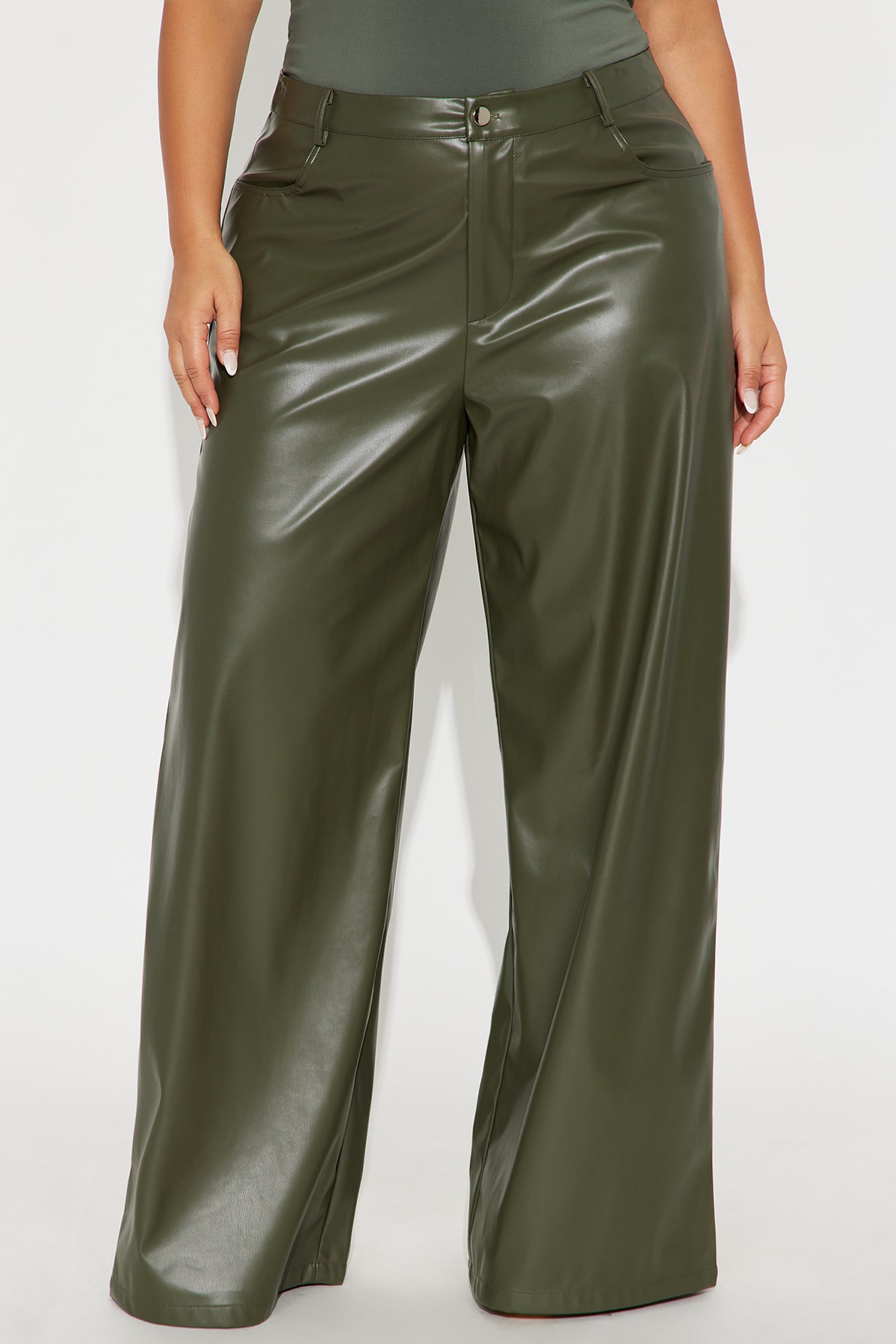 Just For Now Faux Leather Wide Leg Pant 33 - Olive
