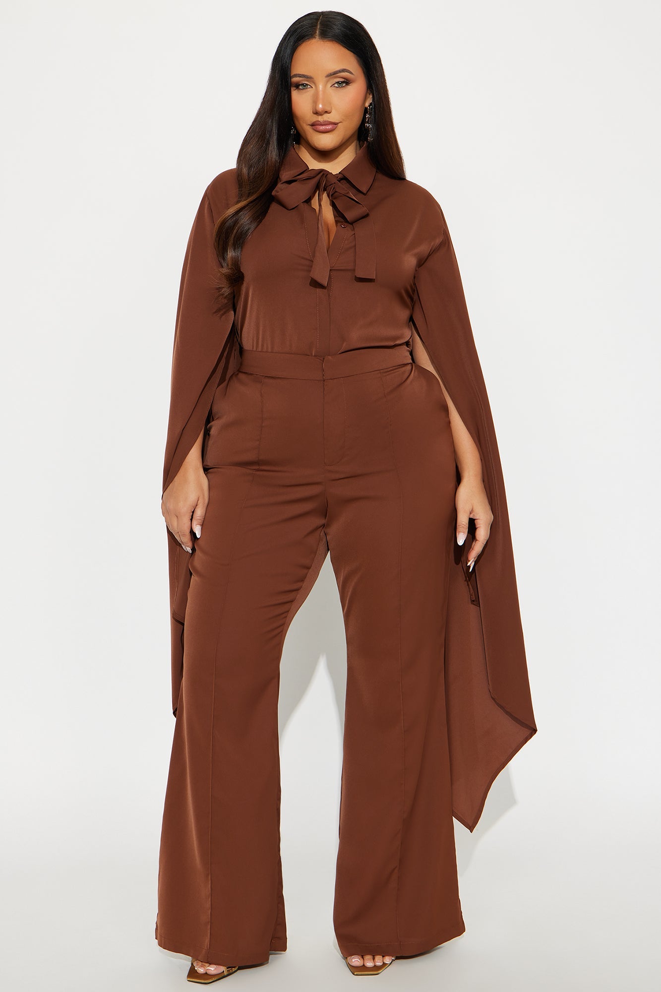 Amaya Cape Sleeve Blouse Pant Set - Chocolate