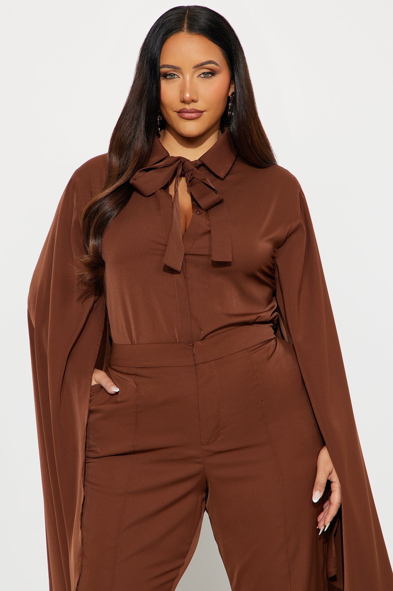 Amaya Cape Sleeve Blouse Pant Set - Chocolate