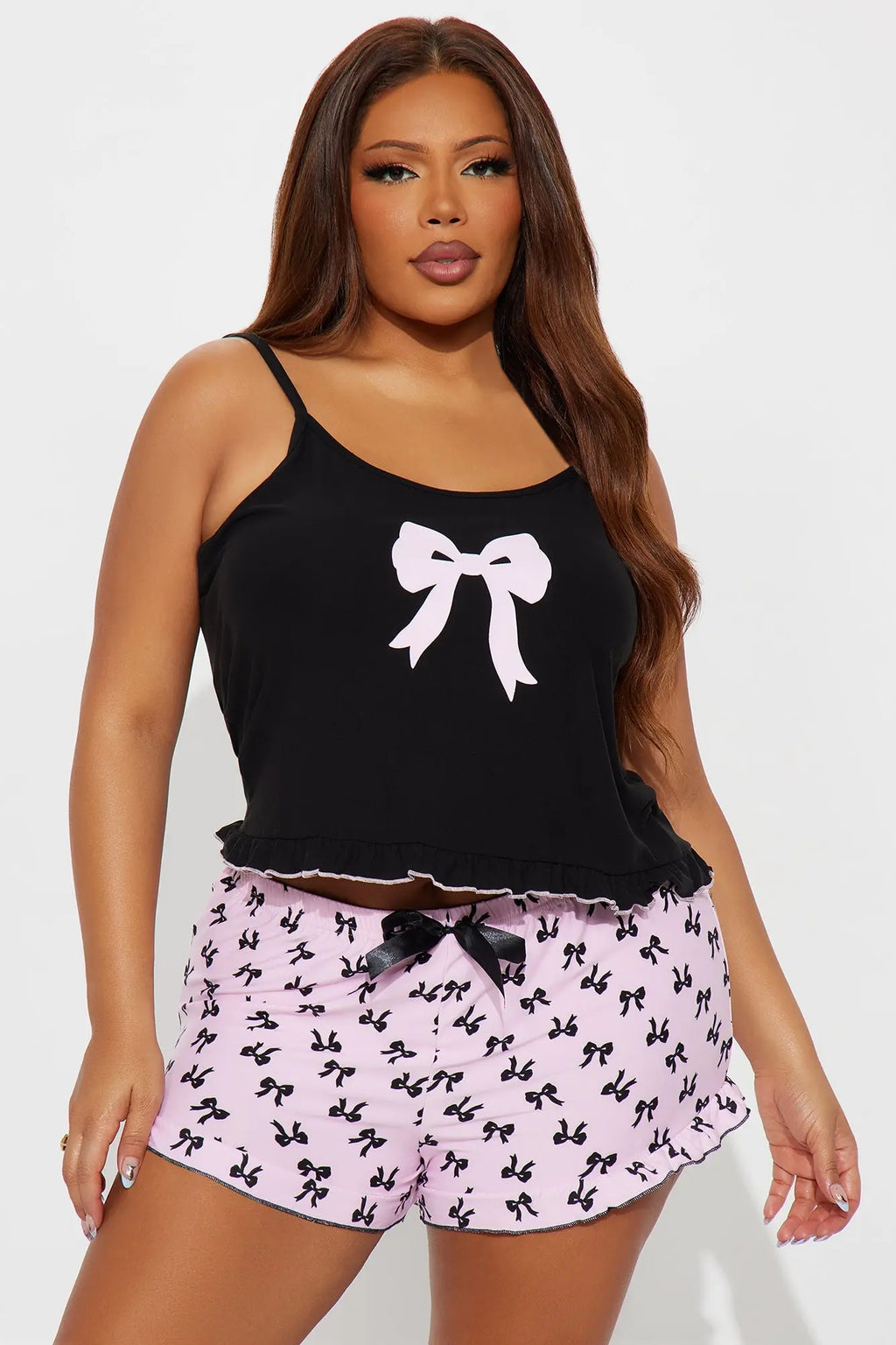Bow Moment Cami PJ Short Set - Black/Pink 