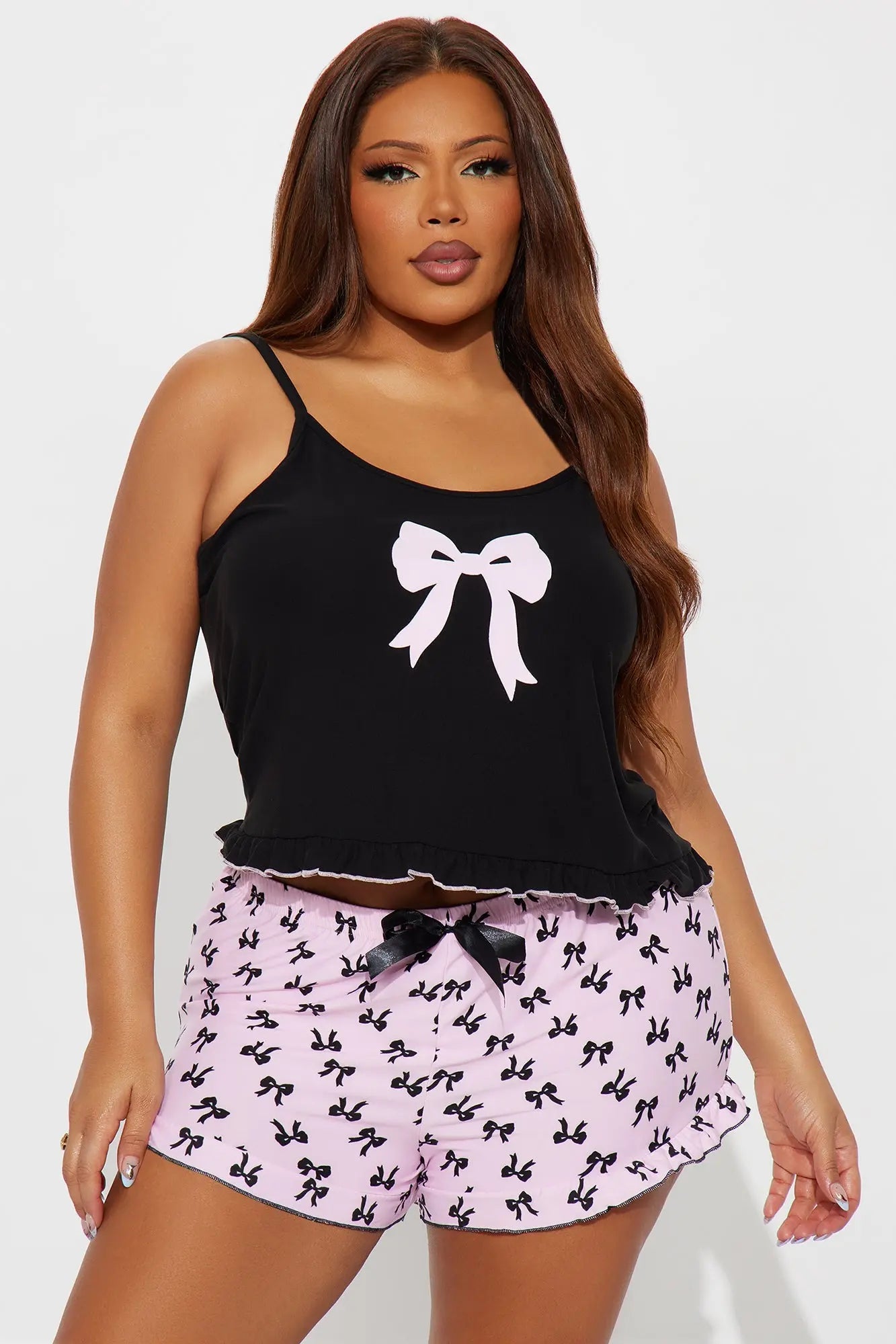 Bow Moment Cami PJ Short Set - Black/Pink 