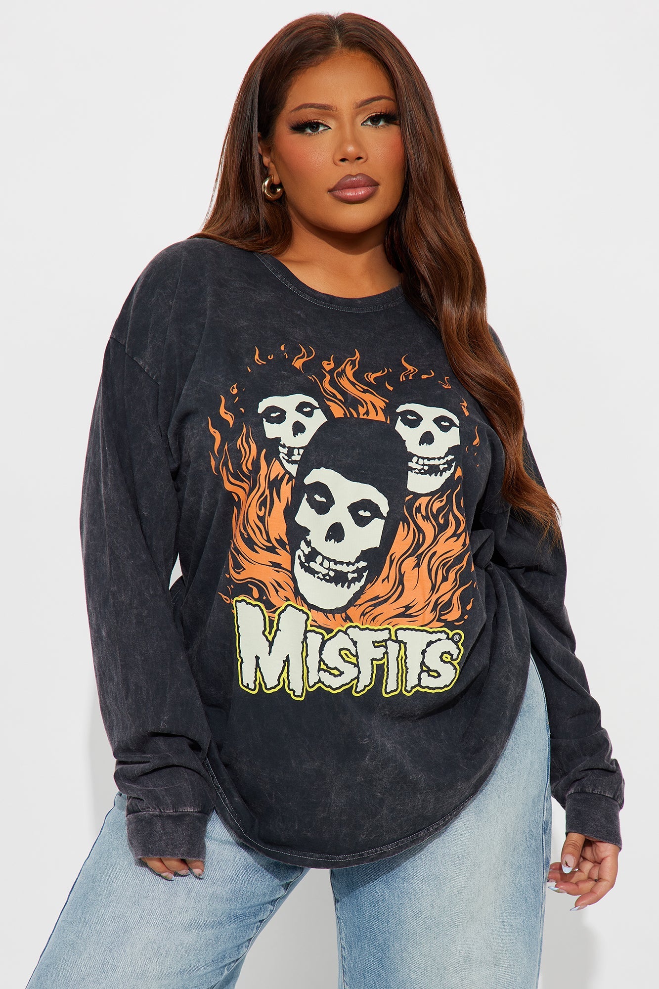 Misfits Flames Long Sleeve Washed Tee - Black