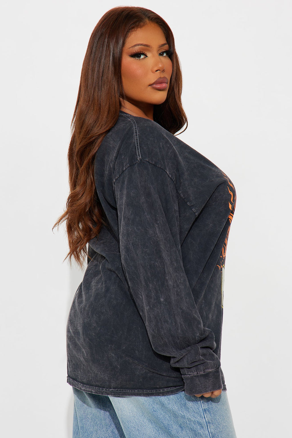Misfits Flames Long Sleeve Washed Tee - Black