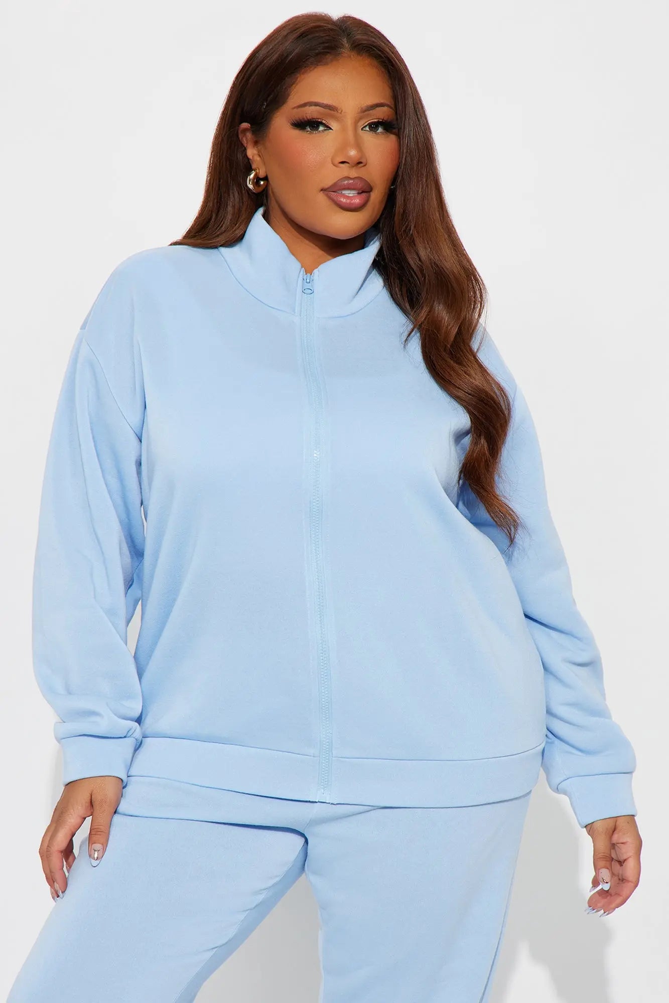 Demi Zip Up Fleece Pant Set - Light Blue 