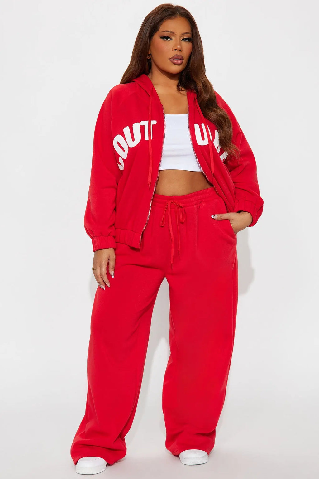 Couture Comfort Zip Up Fleece Pant Set - Red 