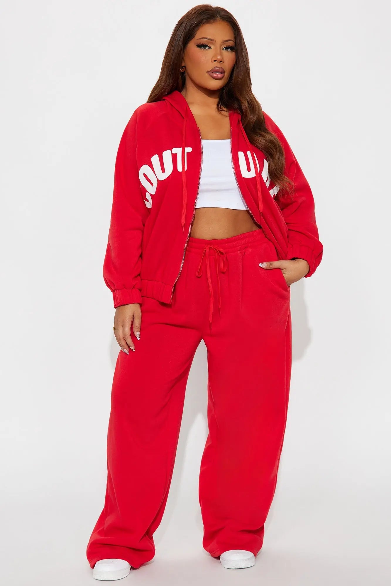 Couture Comfort Zip Up Fleece Pant Set - Red 