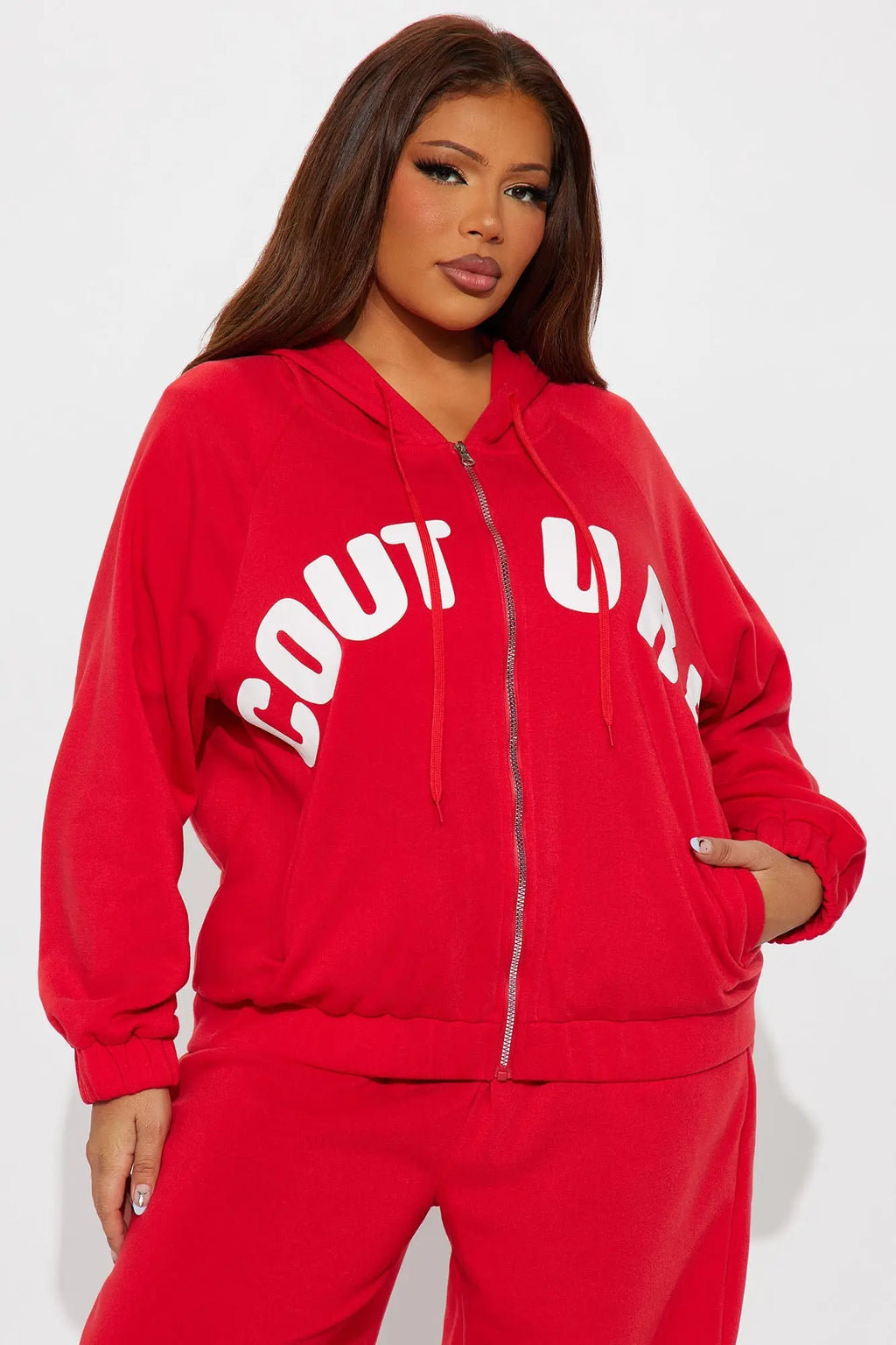 Couture Comfort Zip Up Fleece Pant Set - Red 