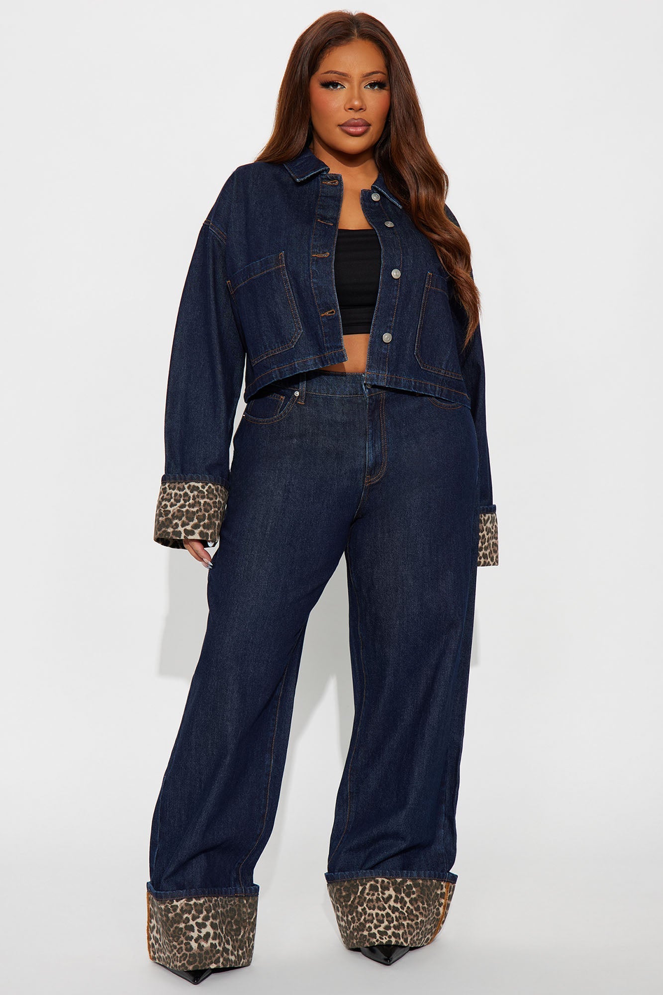 Wild Edges Leopard Denim Pant Set - Dark Wash
