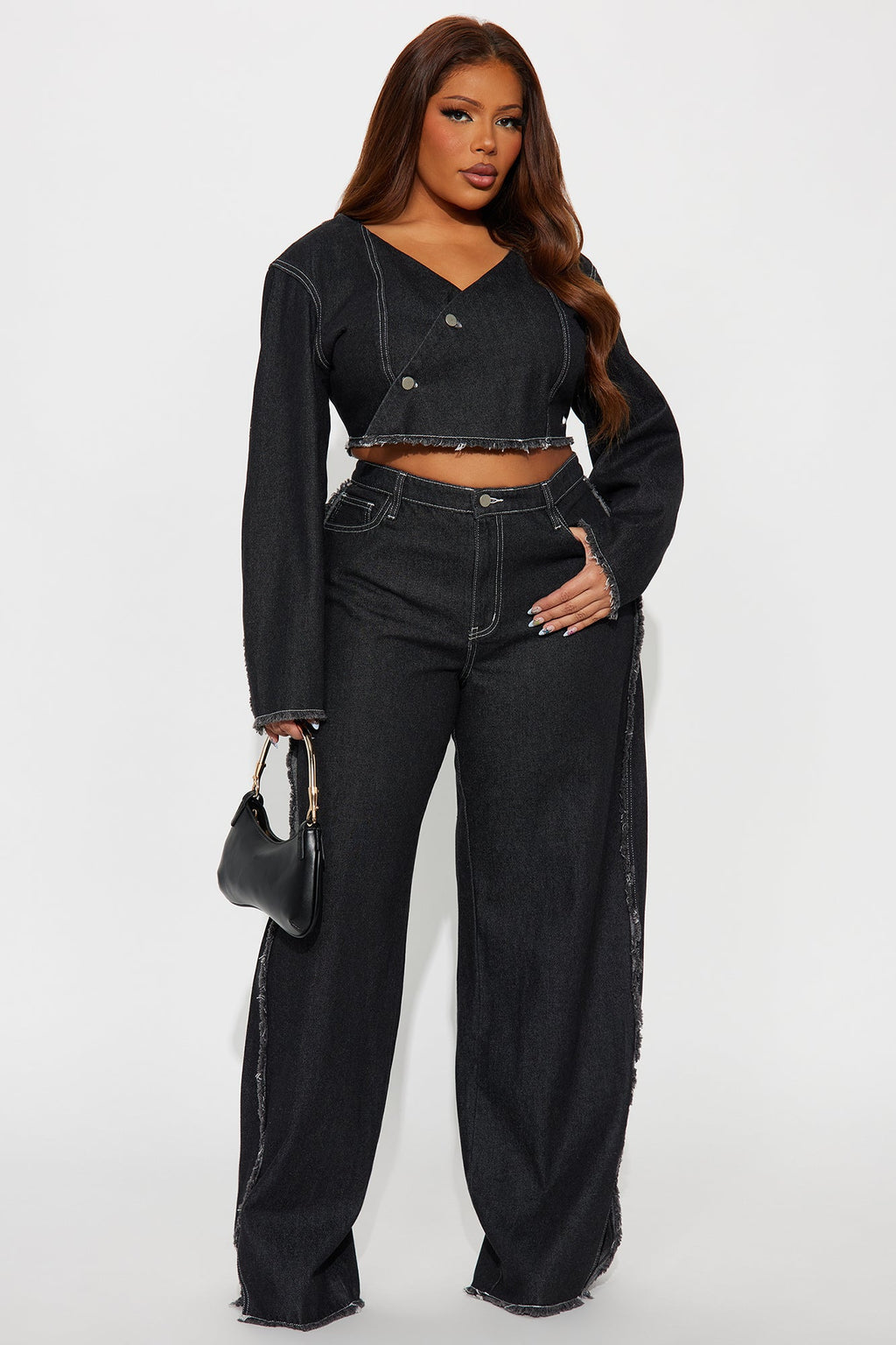 Daria Off Shoulder Denim Pant Set - Black 