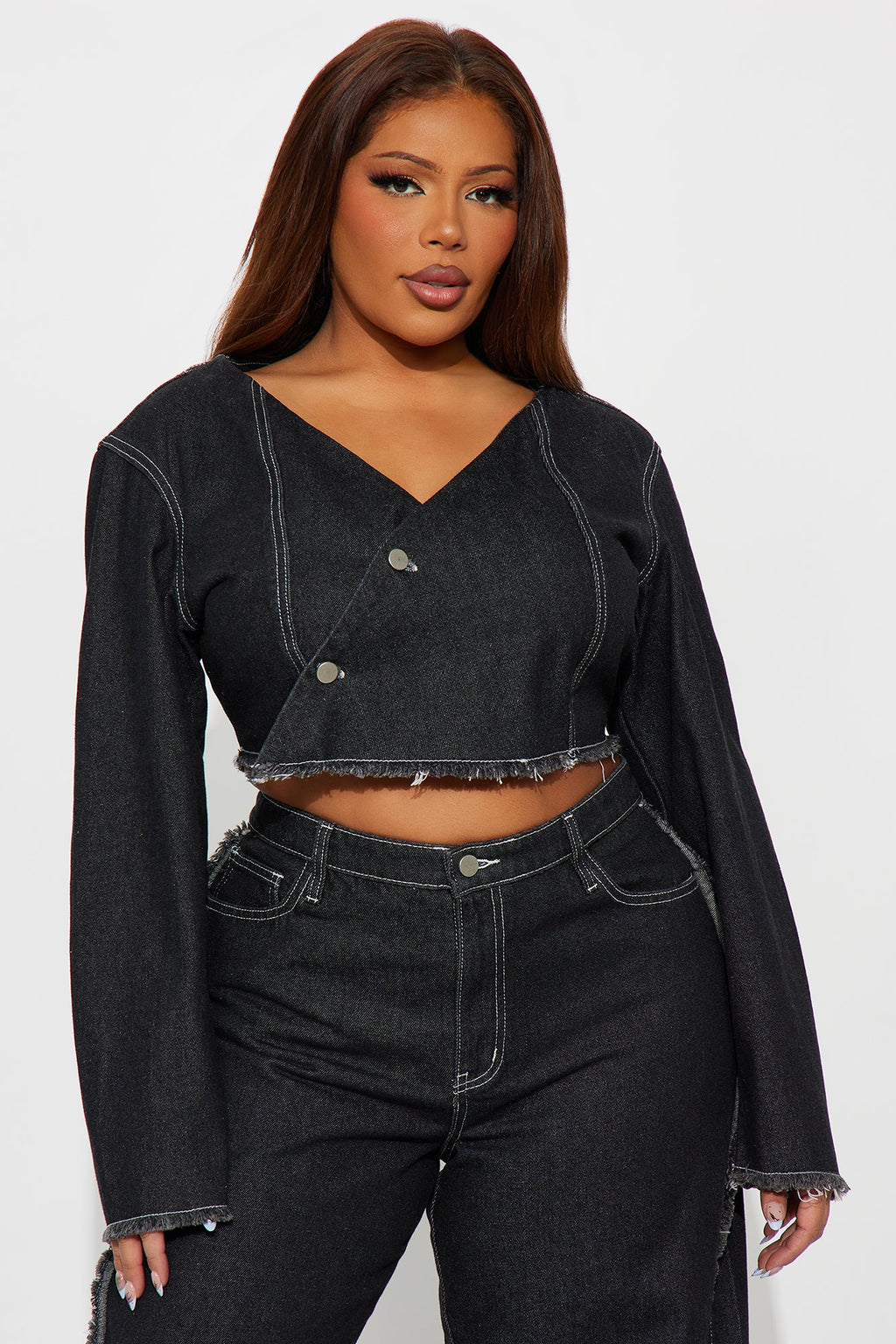 Daria Off Shoulder Denim Pant Set - Black 