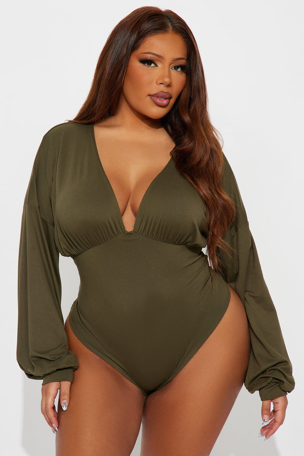 Nola Ruched Long Sleeve Bodysuit - Olive