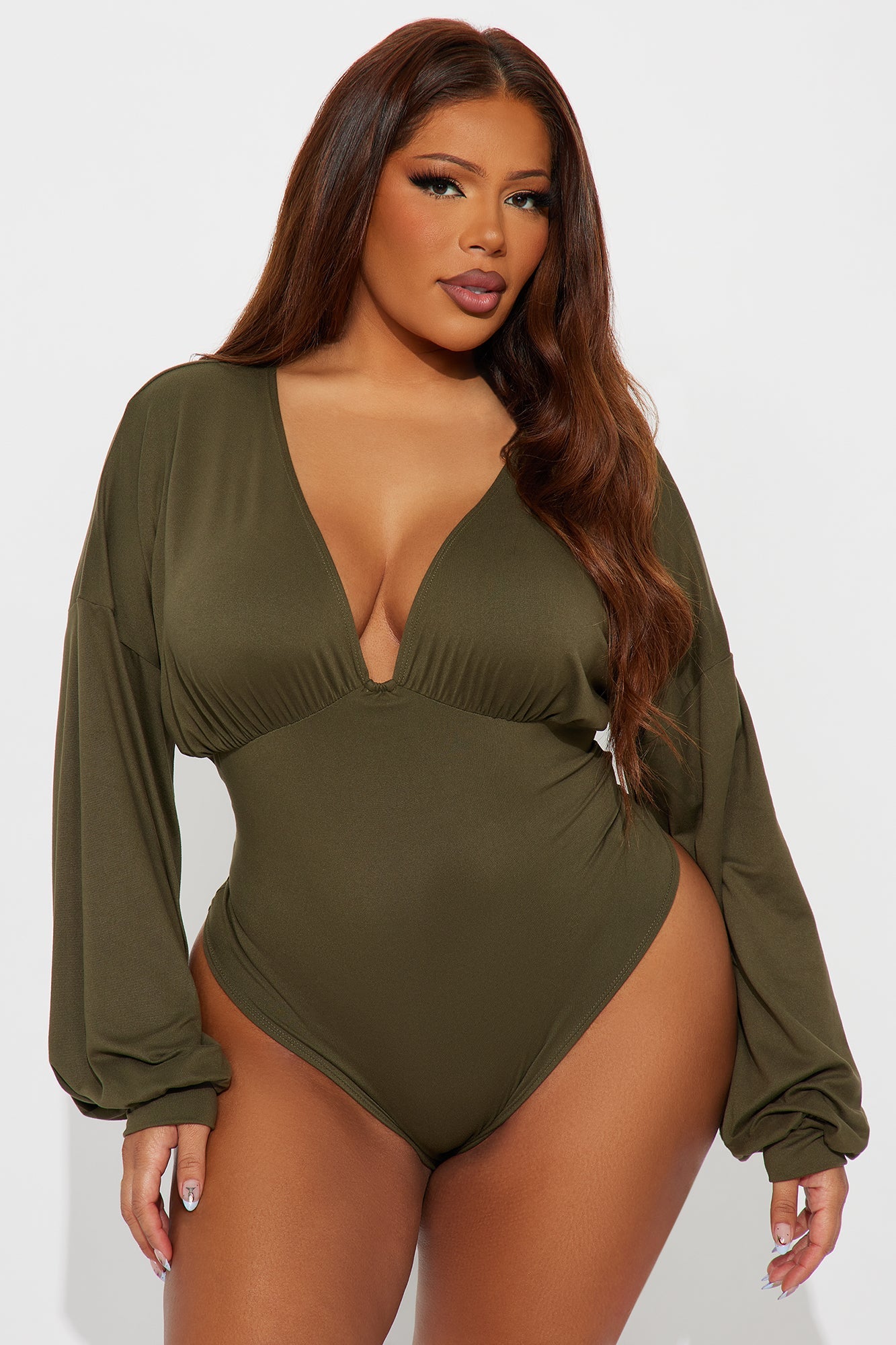Nola Ruched Long Sleeve Bodysuit - Olive