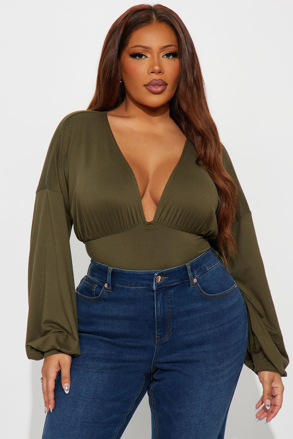 Nola Ruched Long Sleeve Bodysuit - Olive