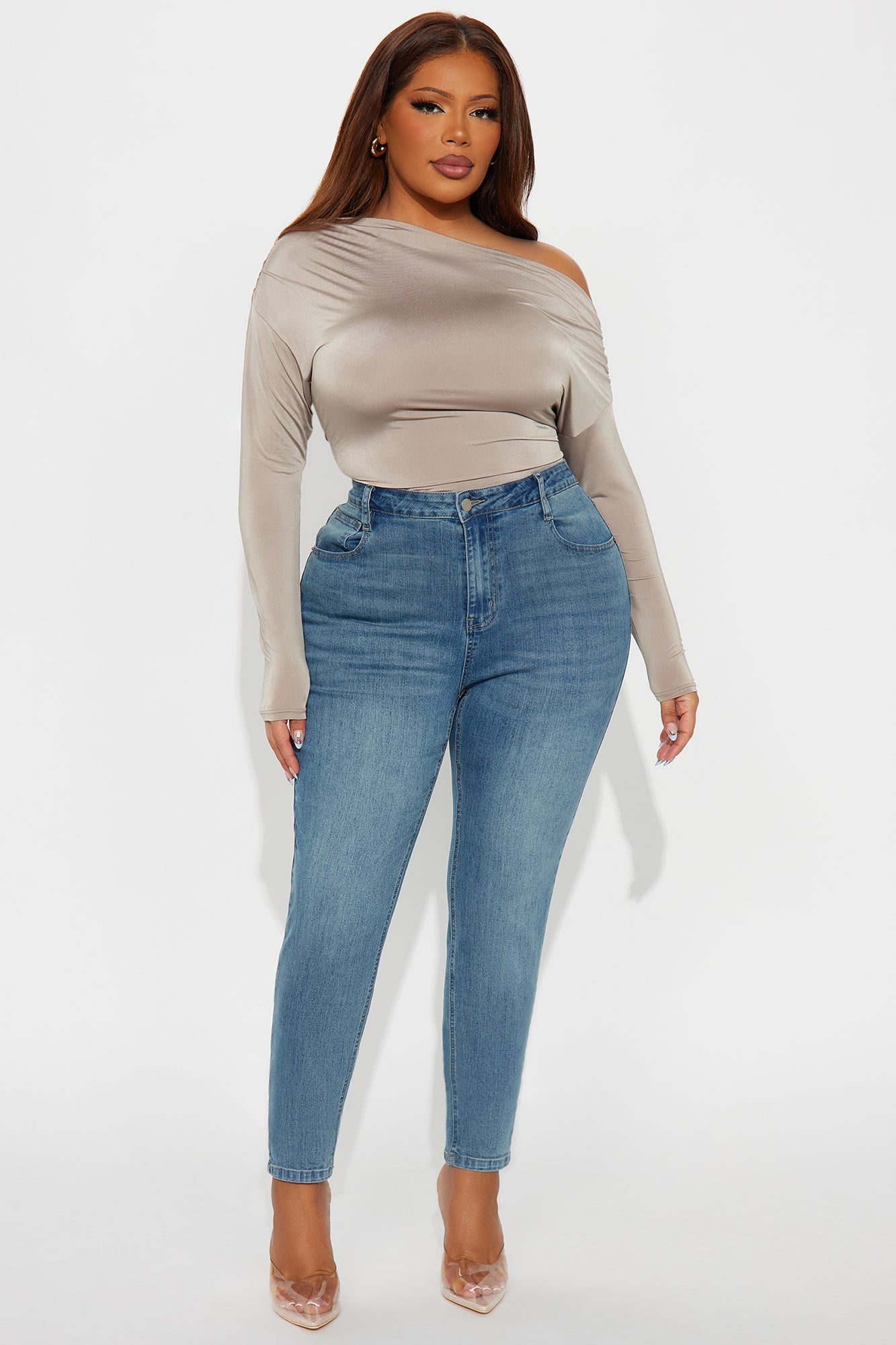 Girls Night Off Shoulder Bodysuit - Mocha