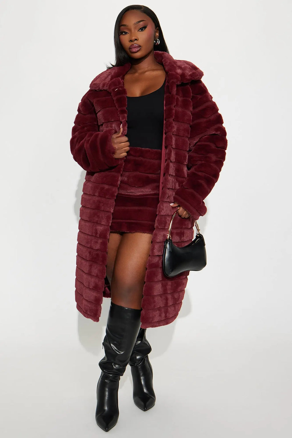 Paloma Faux Fur Trench Coat - Burgundy 