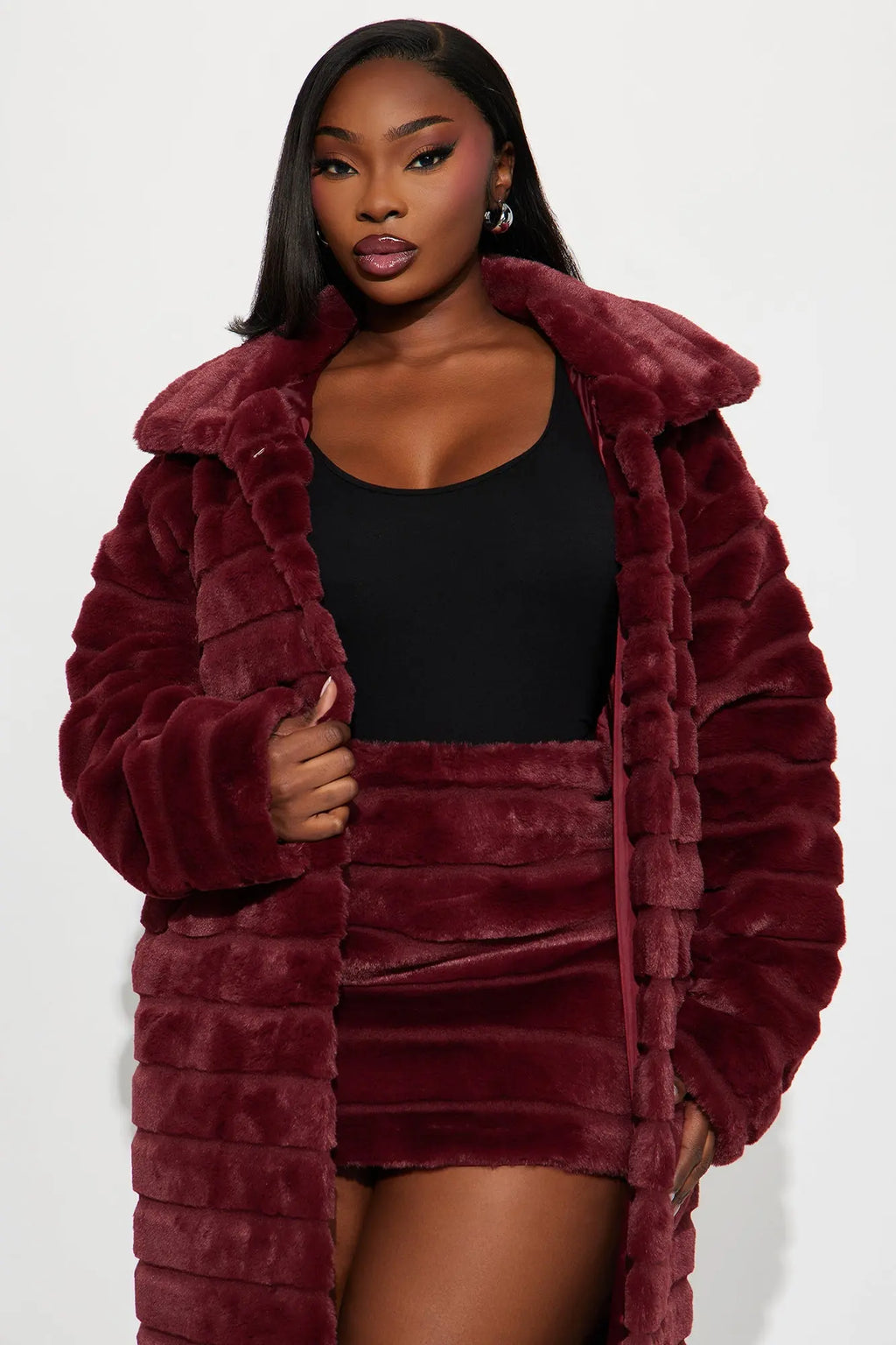 Paloma Faux Fur Trench Coat - Burgundy 