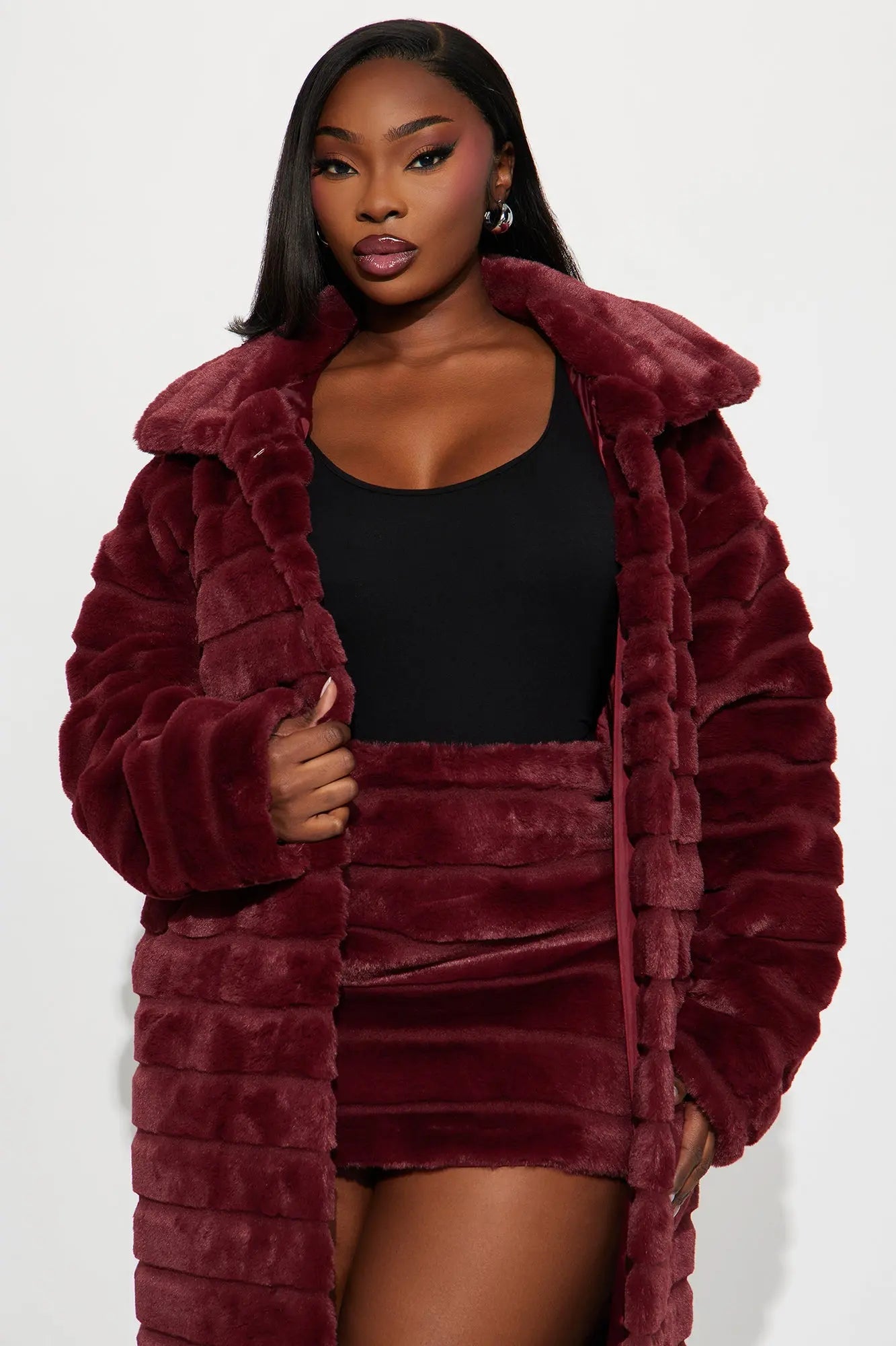 Paloma Faux Fur Trench Coat - Burgundy 