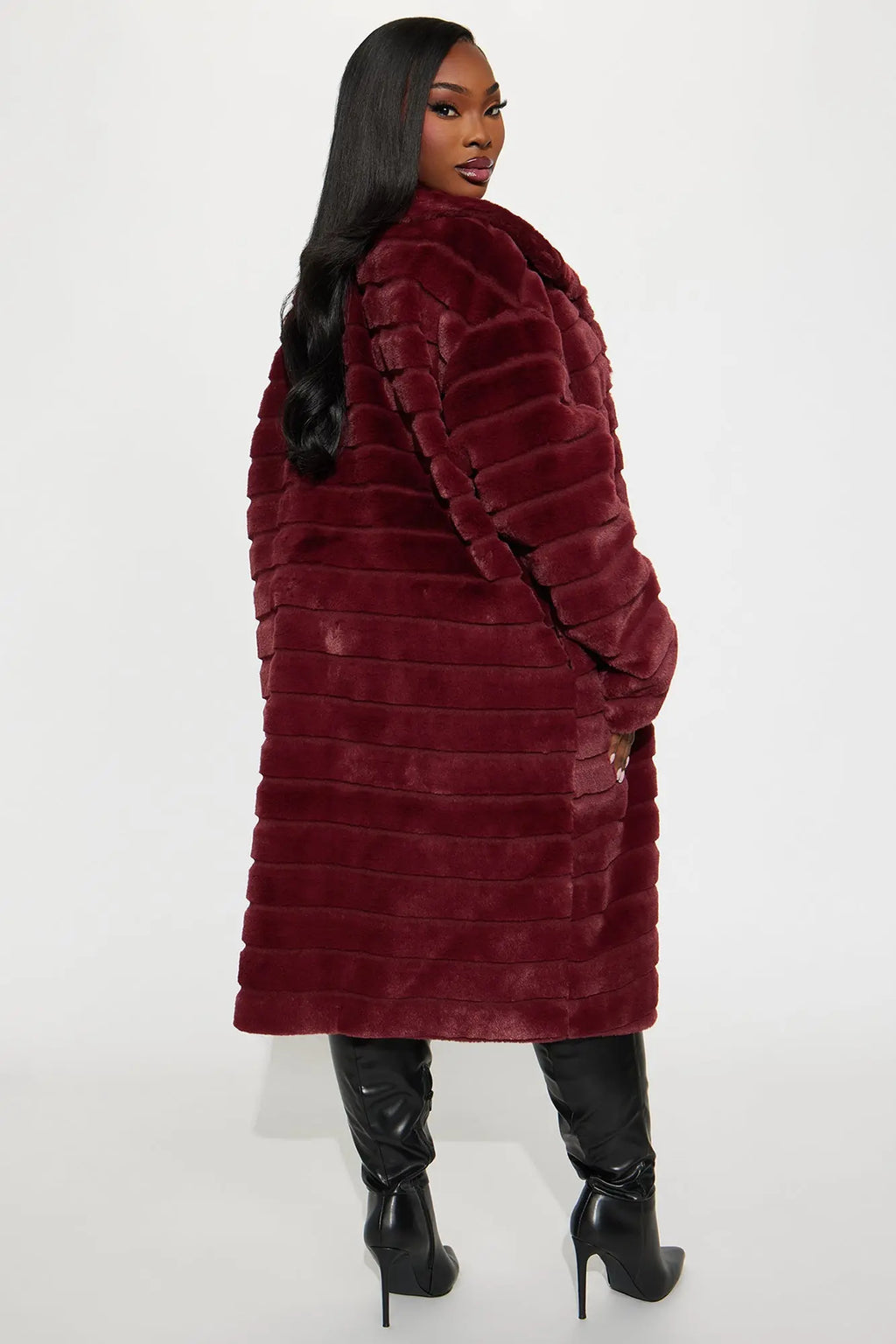 Paloma Faux Fur Trench Coat - Burgundy 