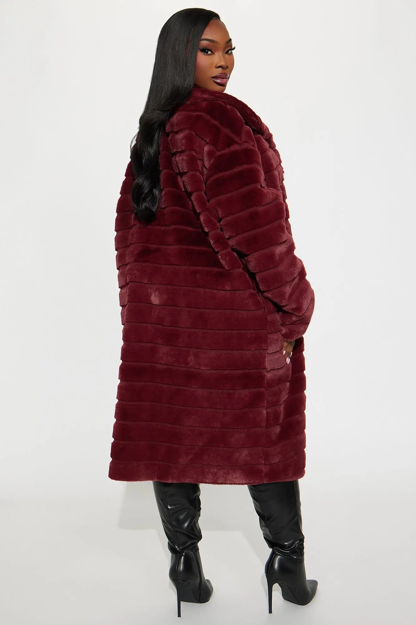 Paloma Faux Fur Trench Coat - Burgundy 