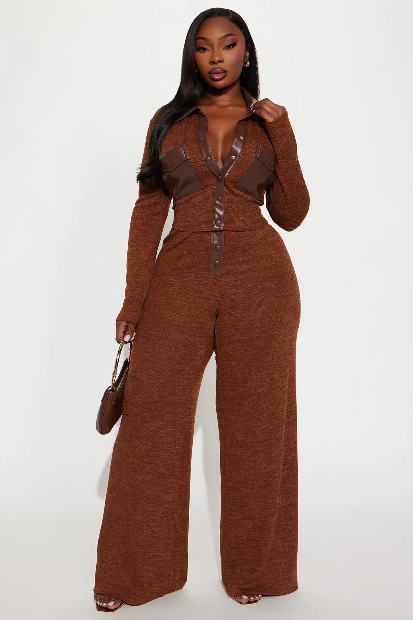 Elonna Faux Leather Trim Pant Set - Brown 
