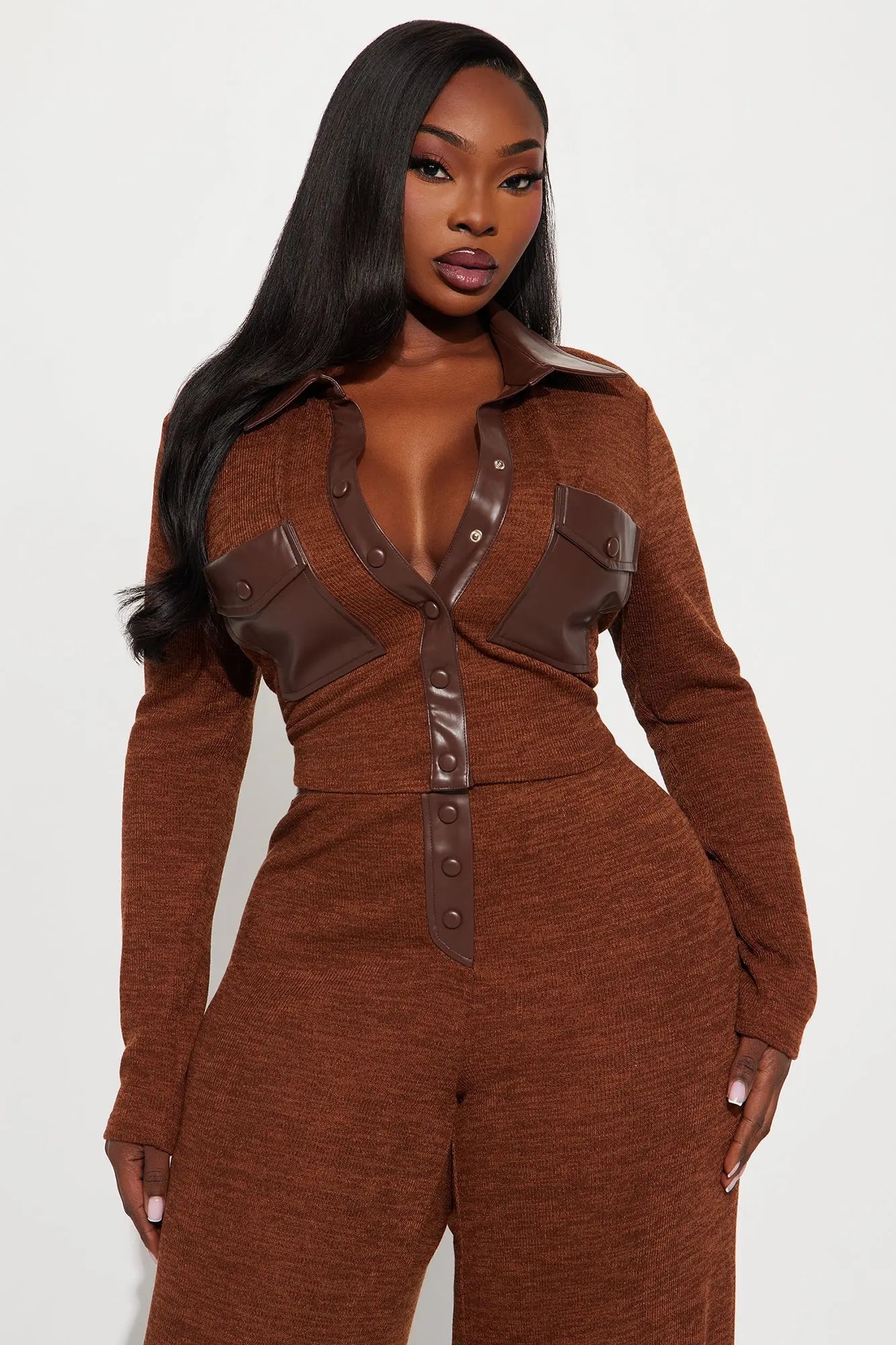 Elonna Faux Leather Trim Pant Set - Brown 