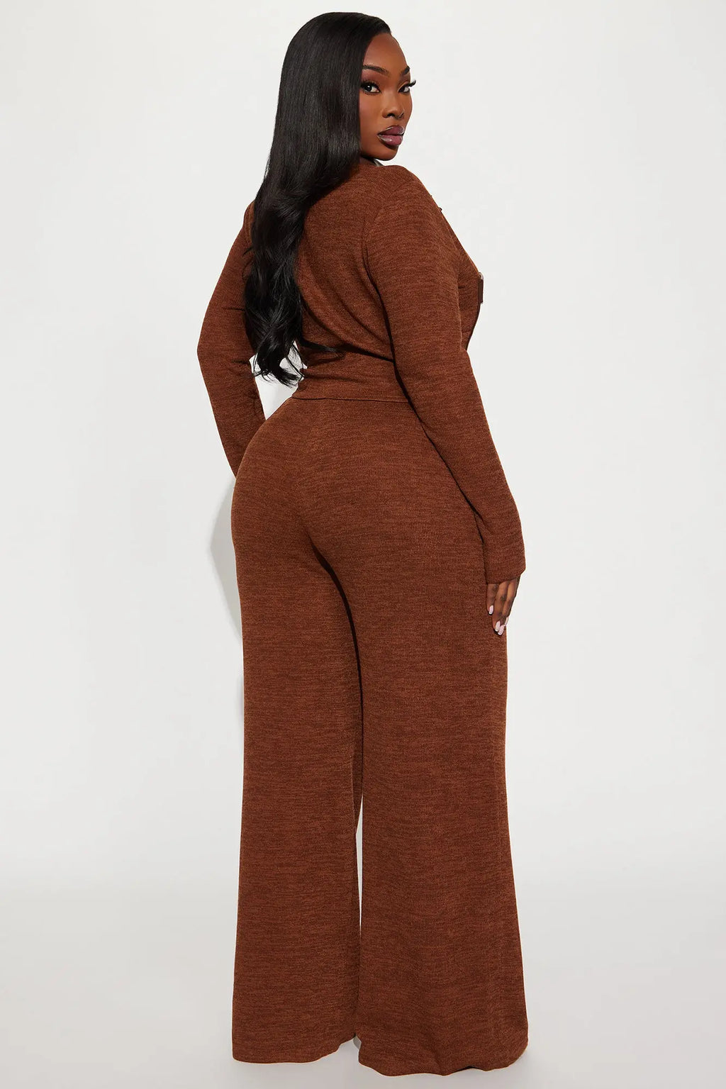 Elonna Faux Leather Trim Pant Set - Brown 