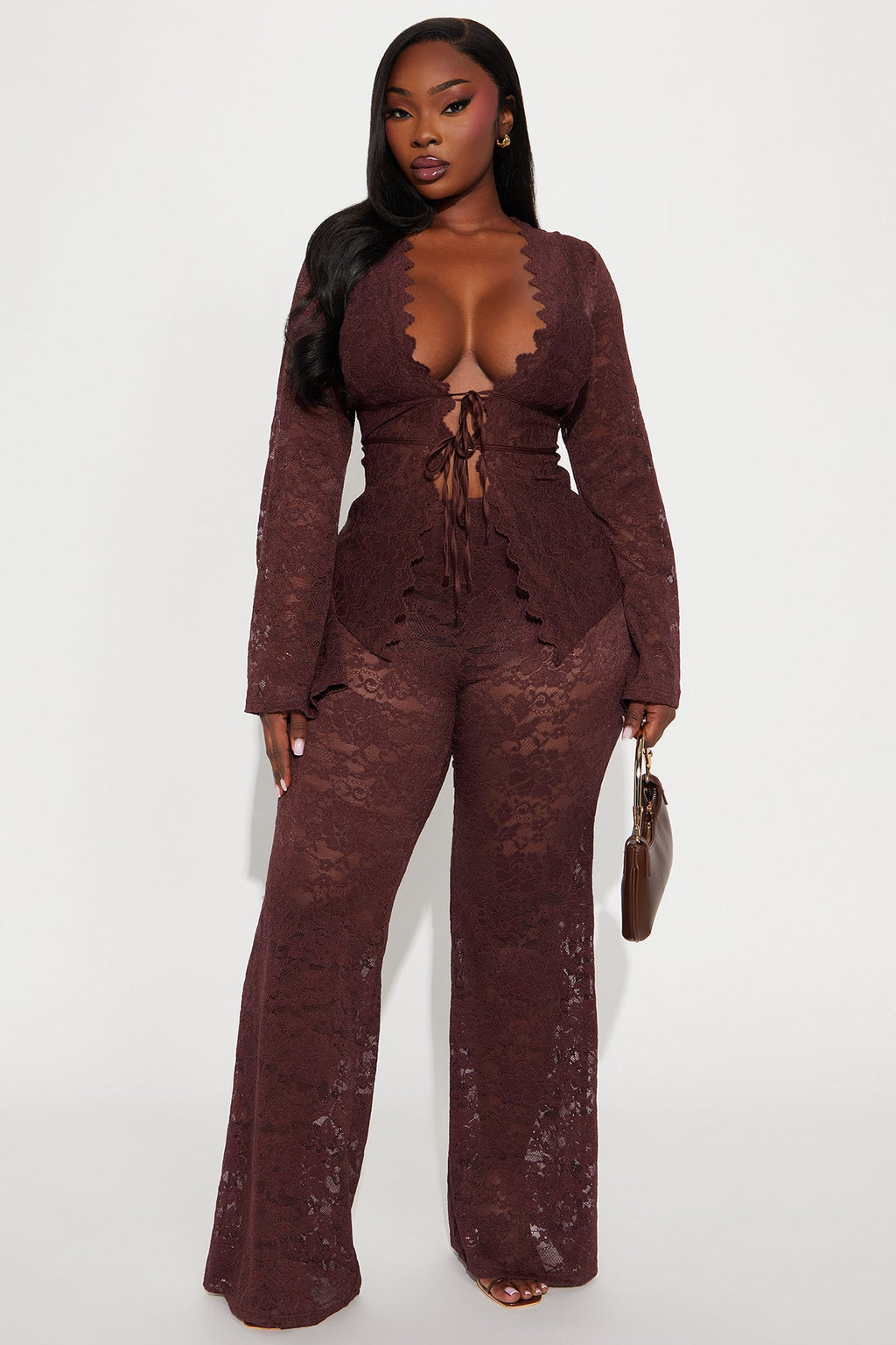 Karla Lace Wide Leg Pant Set - Brown 