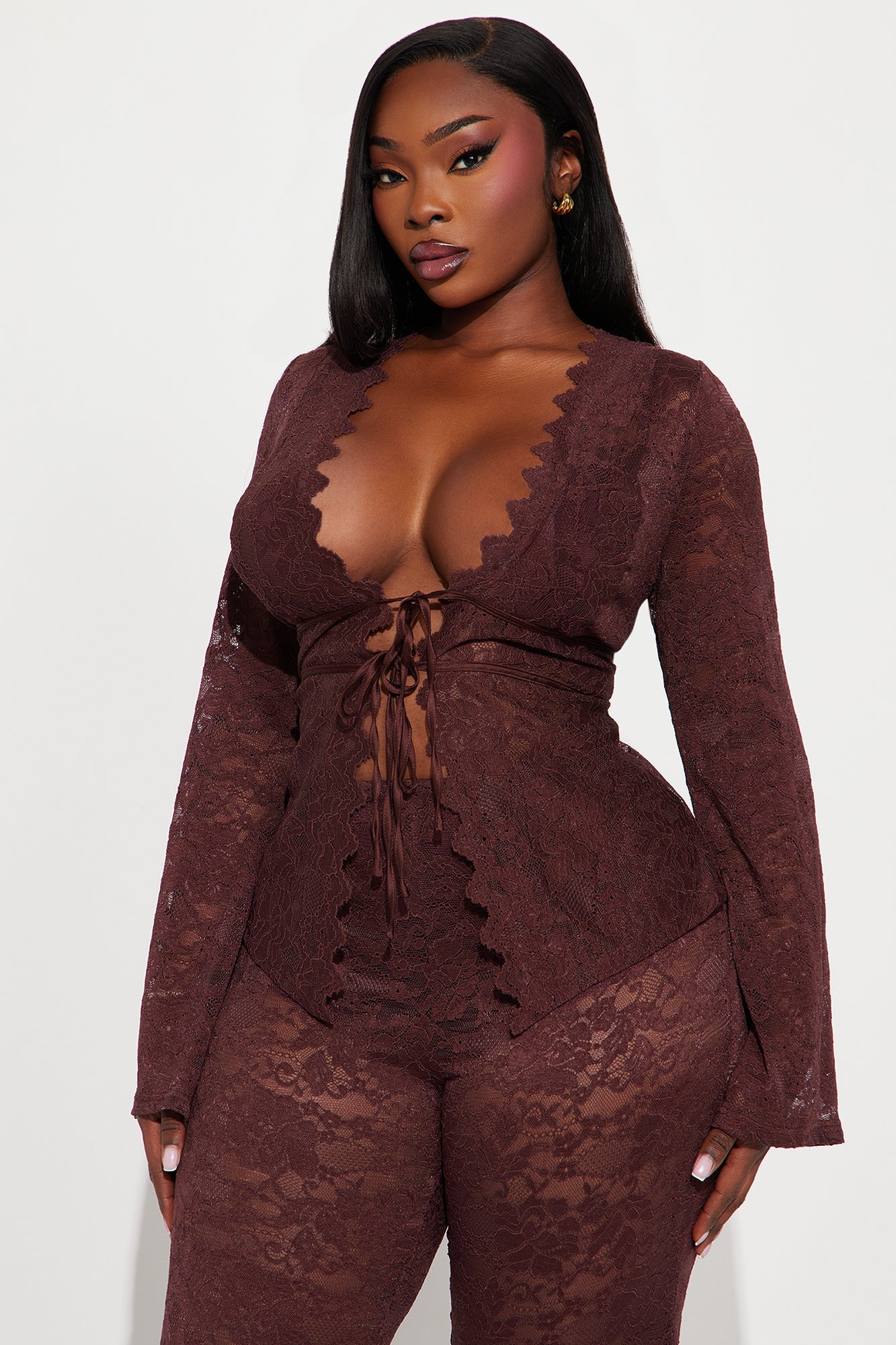 Karla Lace Wide Leg Pant Set - Brown 