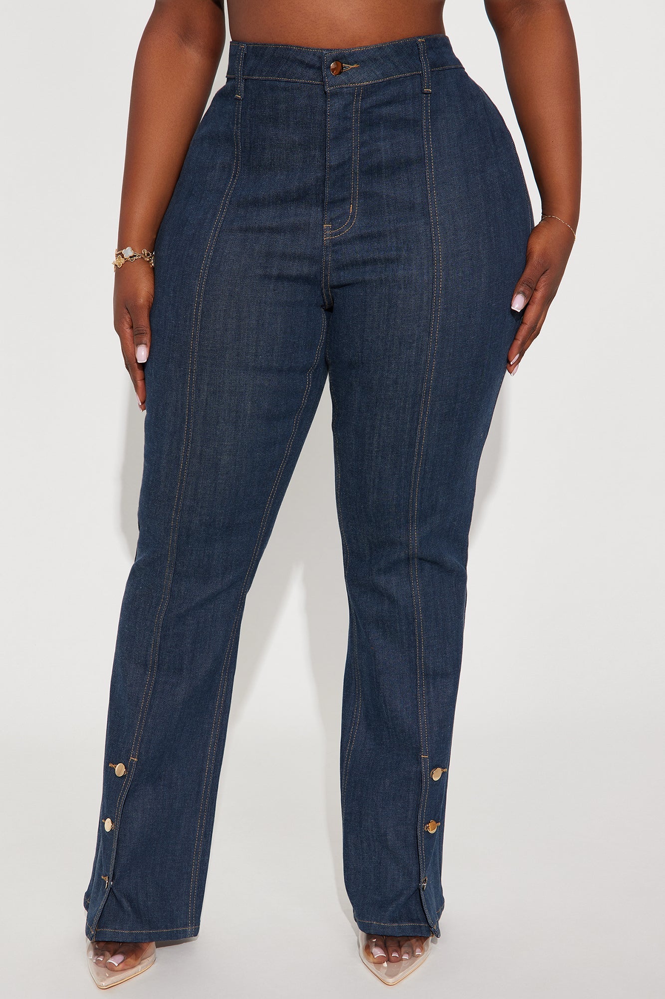 Button Up Stretch Tailored Bootcut Jeans - Dark Wash
