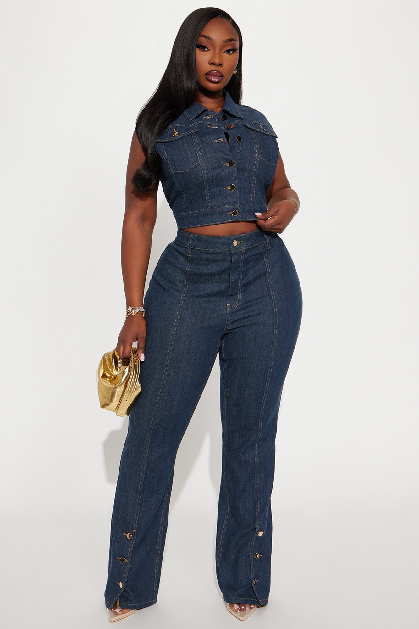 Button Up Stretch Tailored Bootcut Jeans - Dark Wash