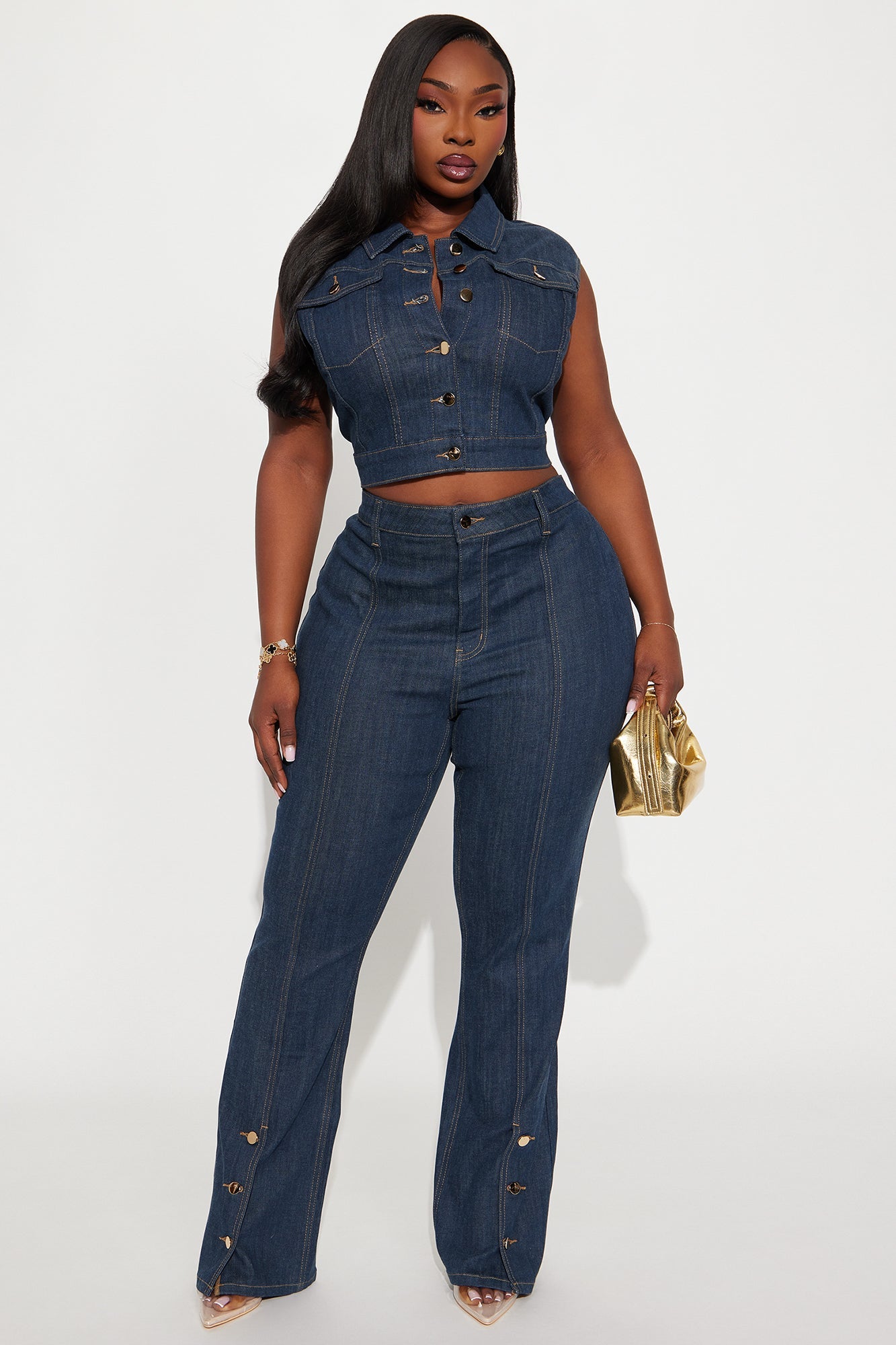 Button Up Stretch Tailored Vest - Dark Wash