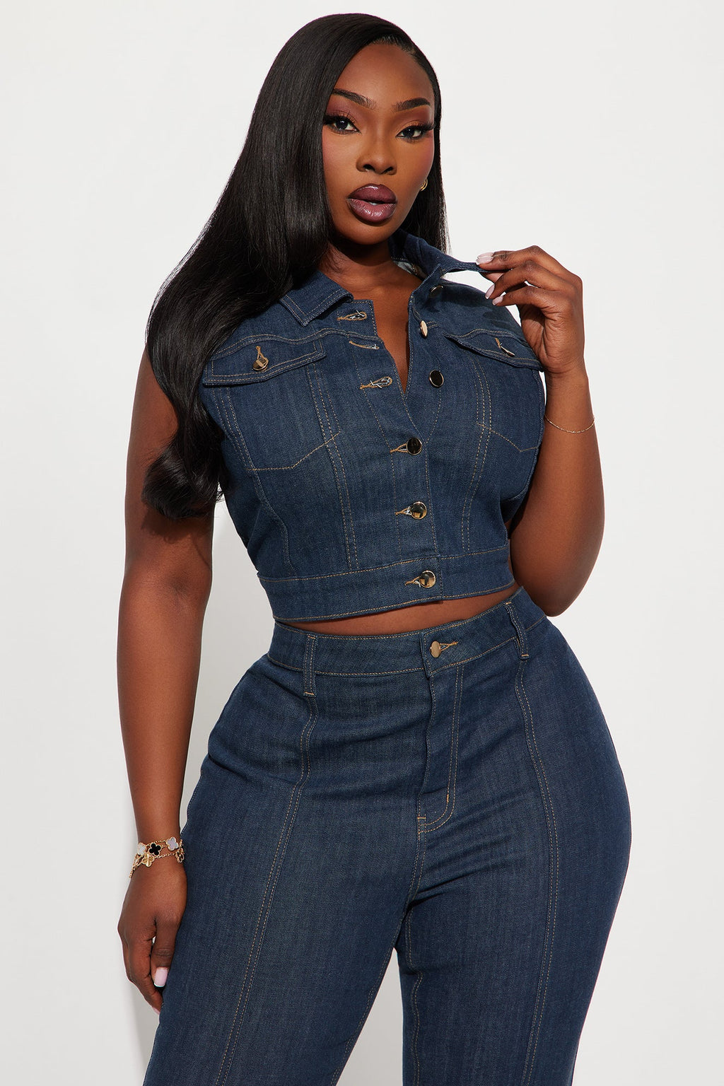 Button Up Stretch Tailored Vest - Dark Wash