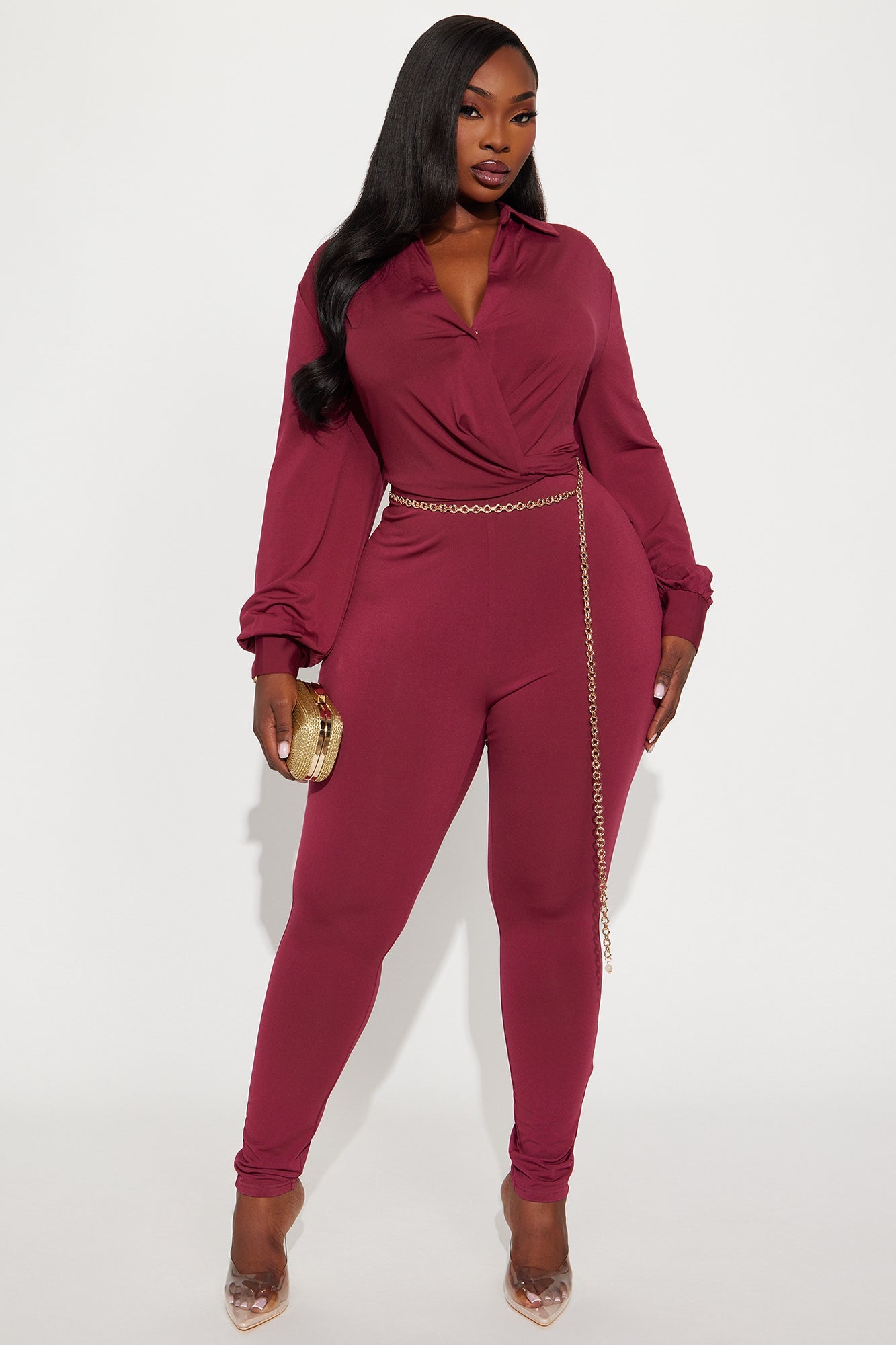 Naya Long Sleeve Skinny Jumpsuit - Burgundy