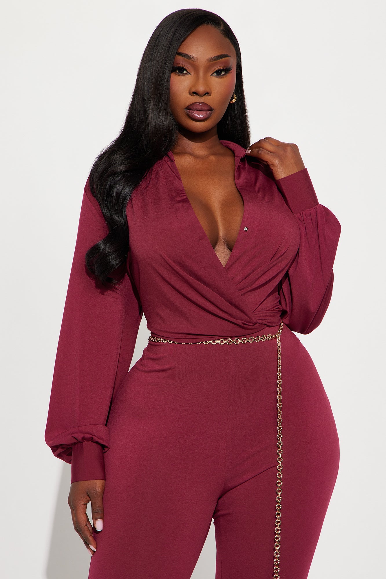 Naya Long Sleeve Skinny Jumpsuit - Burgundy
