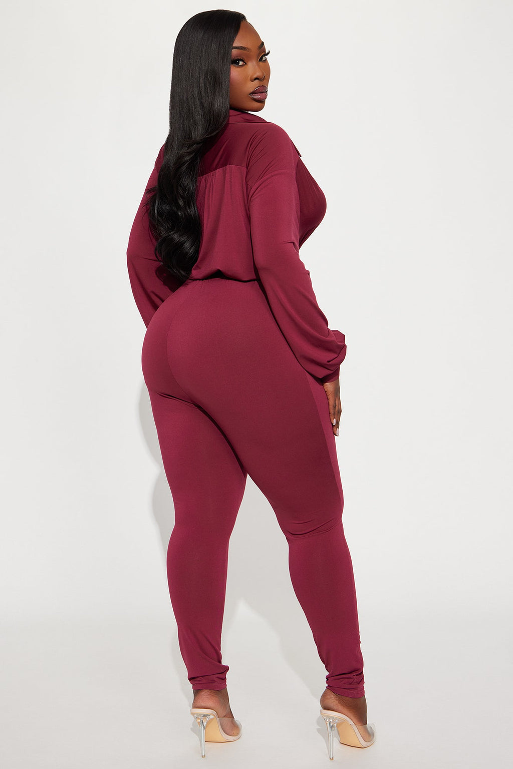 Naya Long Sleeve Skinny Jumpsuit - Burgundy