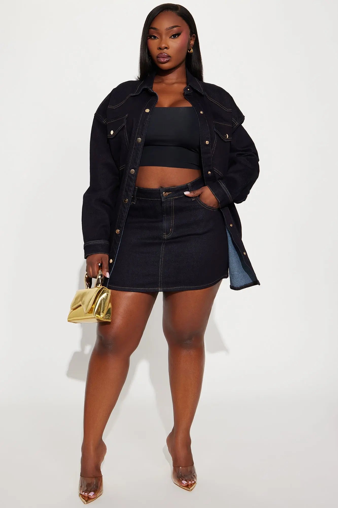 Olivia Oversized Denim Shacket And Mini Skirt Set - Dark Wash 
