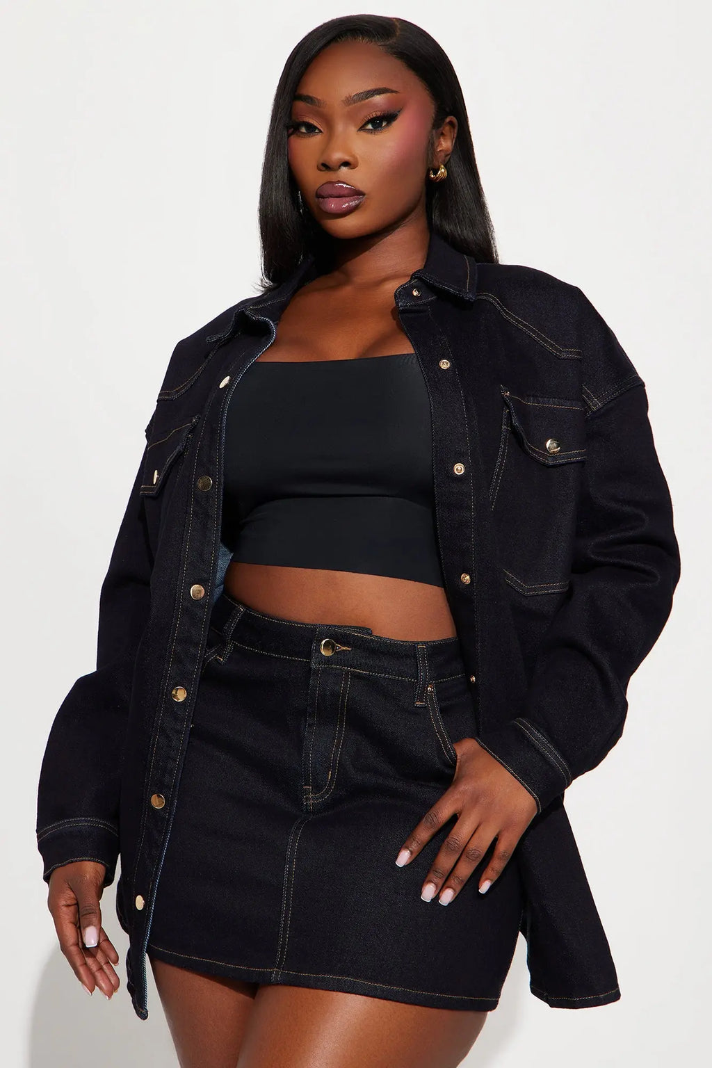 Olivia Oversized Denim Shacket And Mini Skirt Set - Dark Wash 