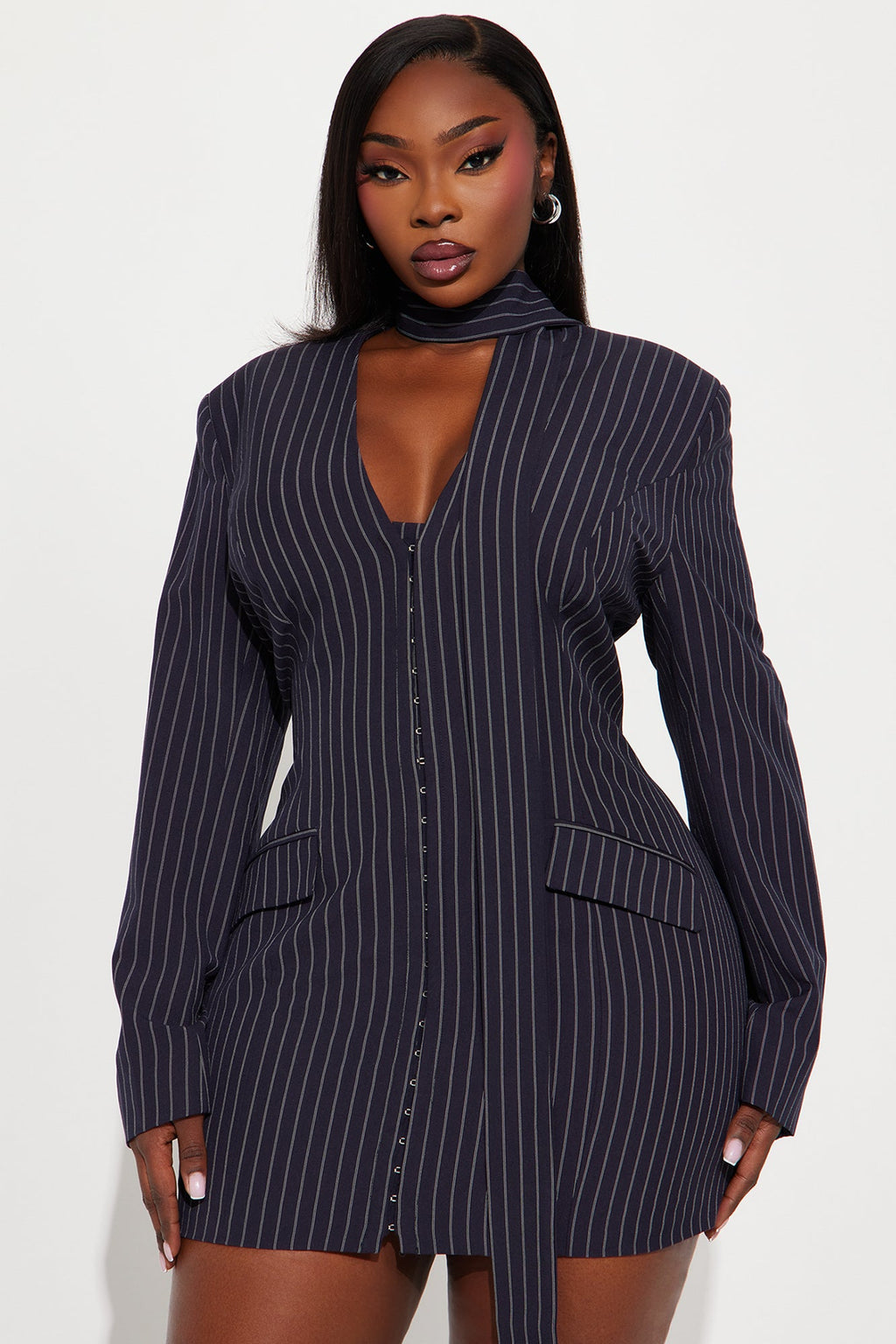 Aniyah Pinstripe Blazer Mini Dress - Navy/combo