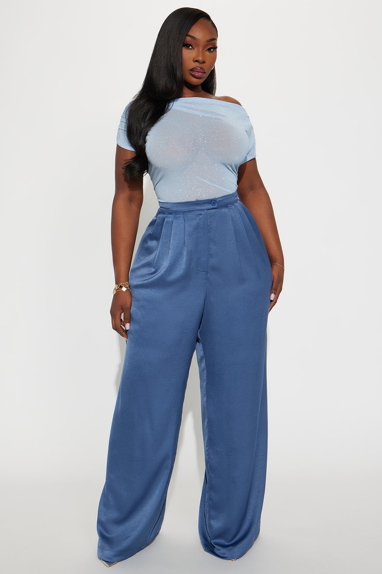 Stella Satin Wide Leg Trouser Pant 33 - Blue