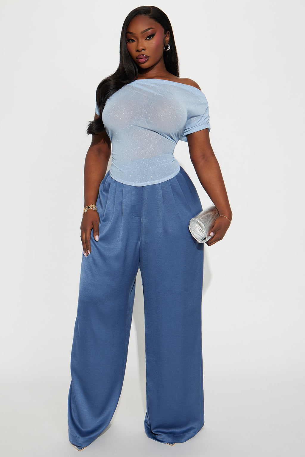 Mavis Off Shoulder Glitter Mesh Top - Periwinkle