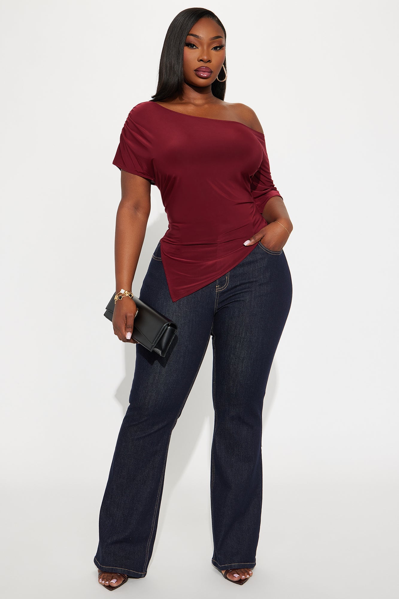 Jade Asymmetrical Off Shoulder Top - Burgundy